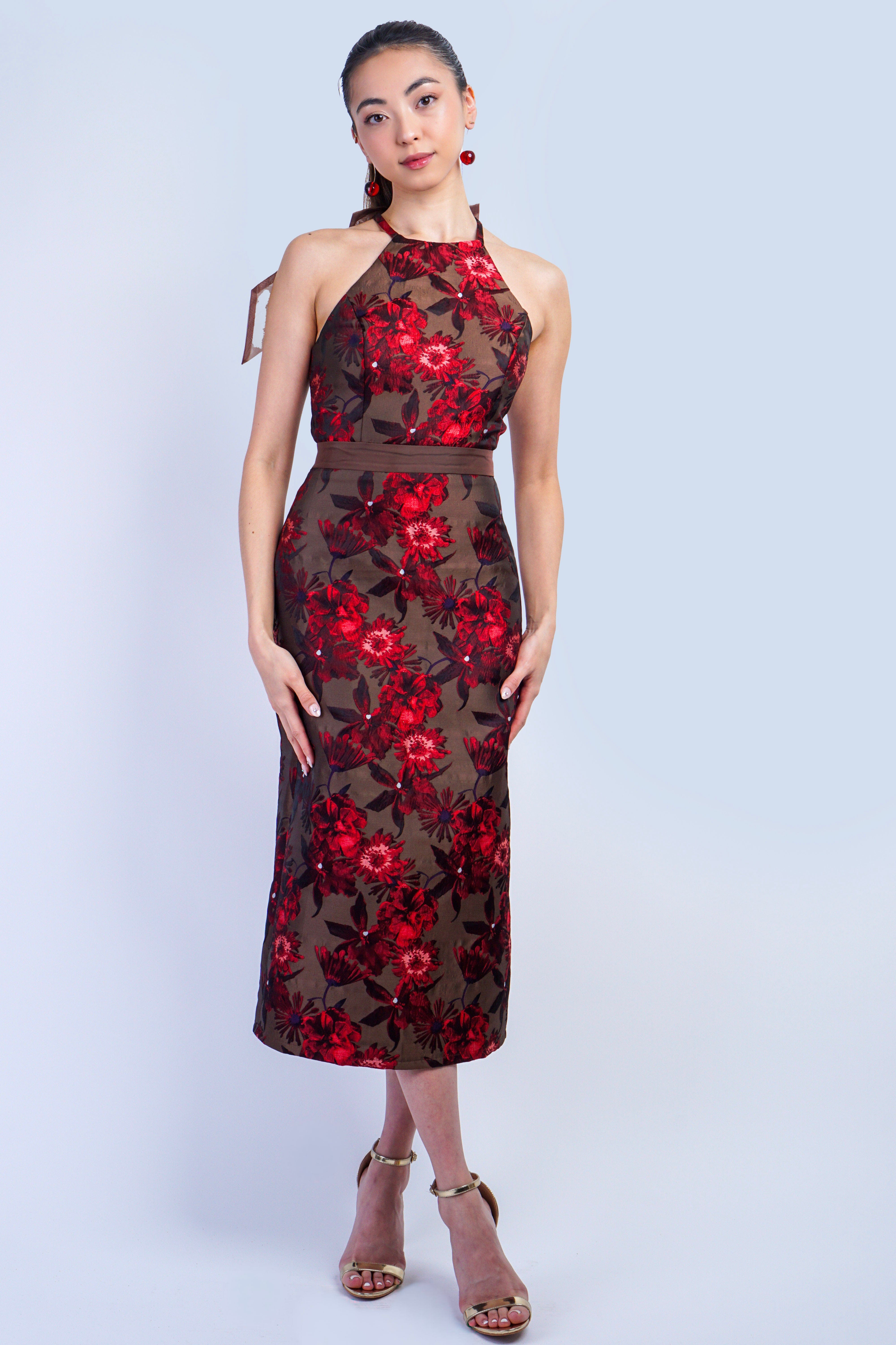 Private Label DRESSES Brown Red Floral Jacquard Halter Midi Dress