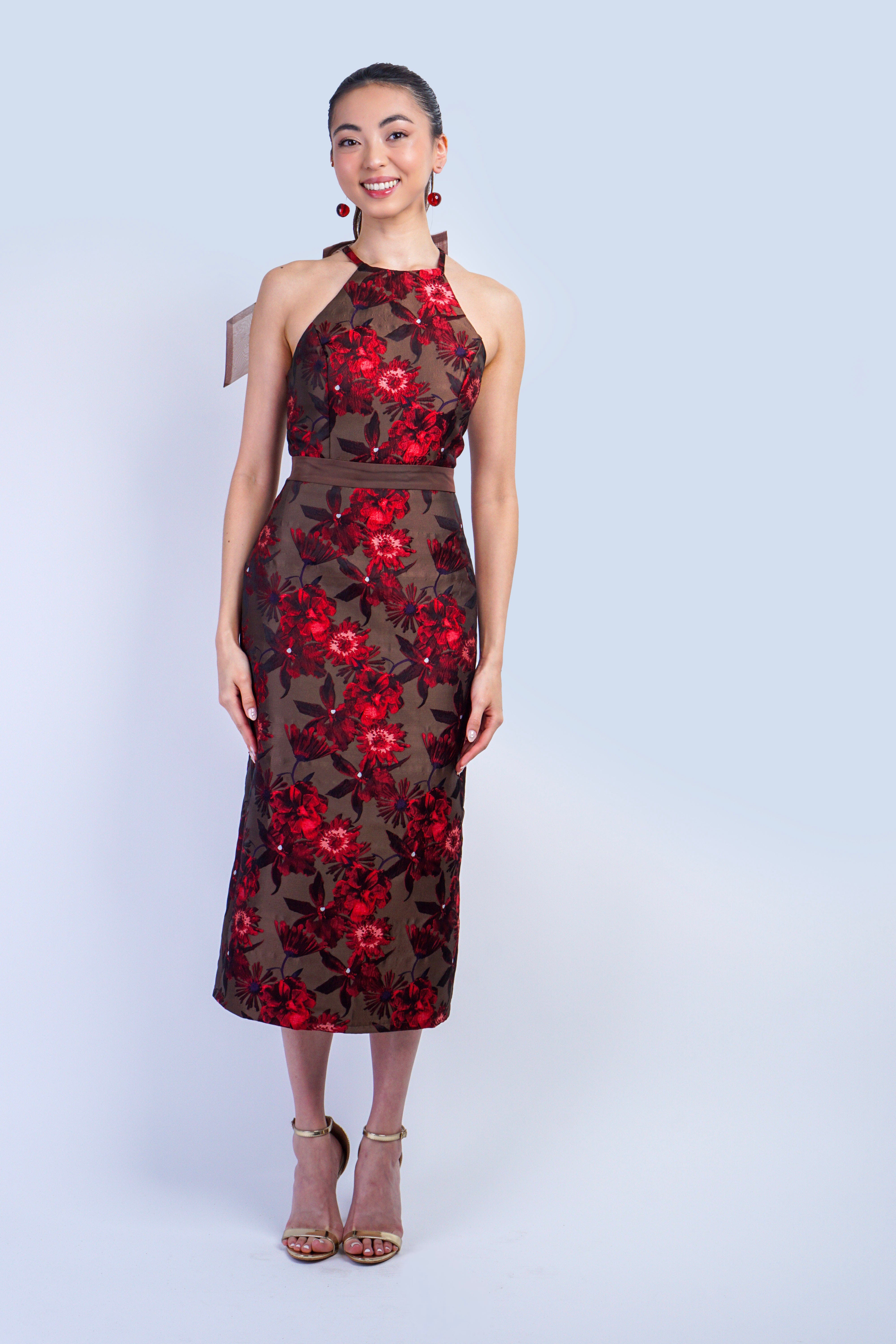 Private Label DRESSES Brown Red Floral Jacquard Halter Midi Dress