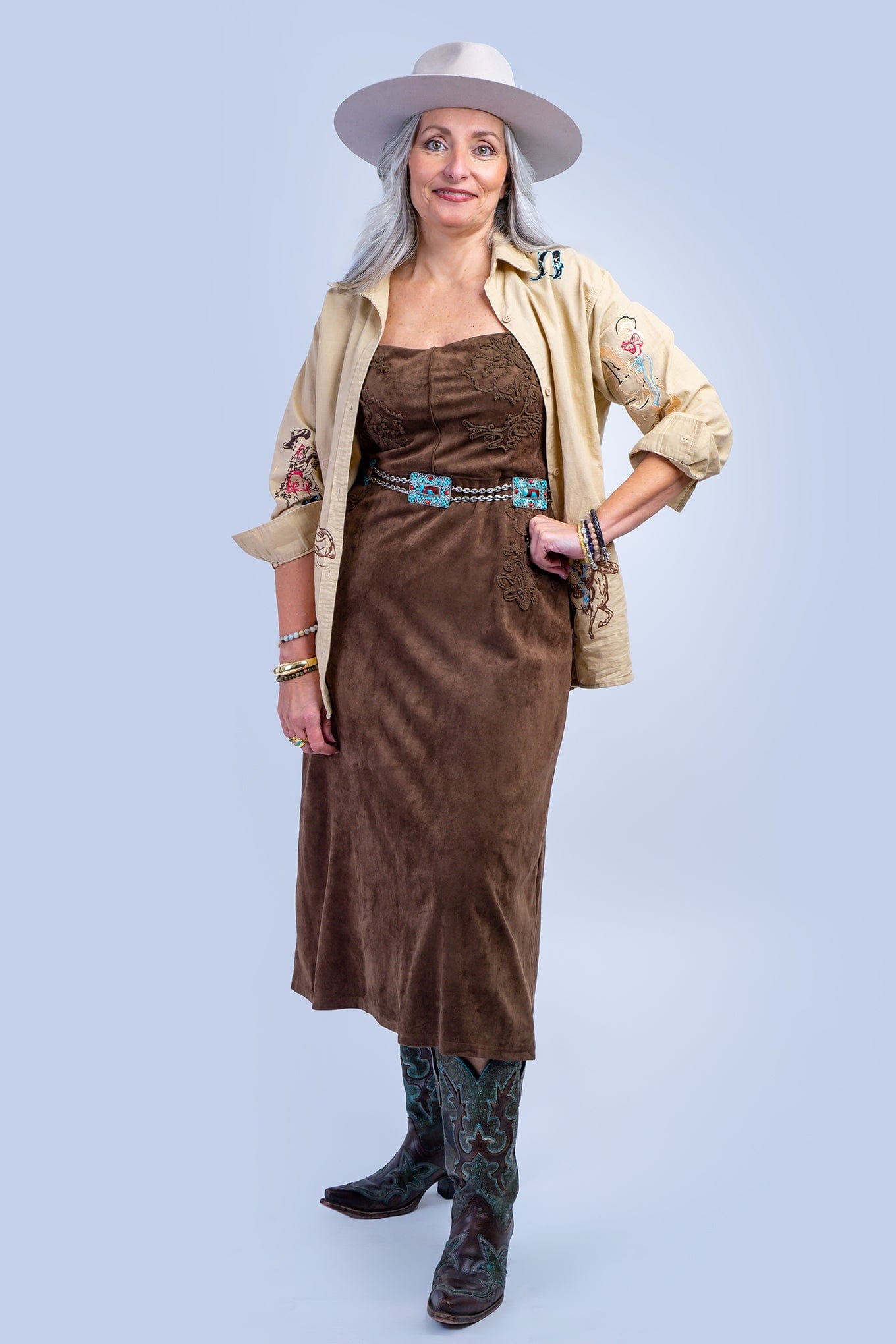 DCD DRESSES Brown Suede Embroidered Midi Dress