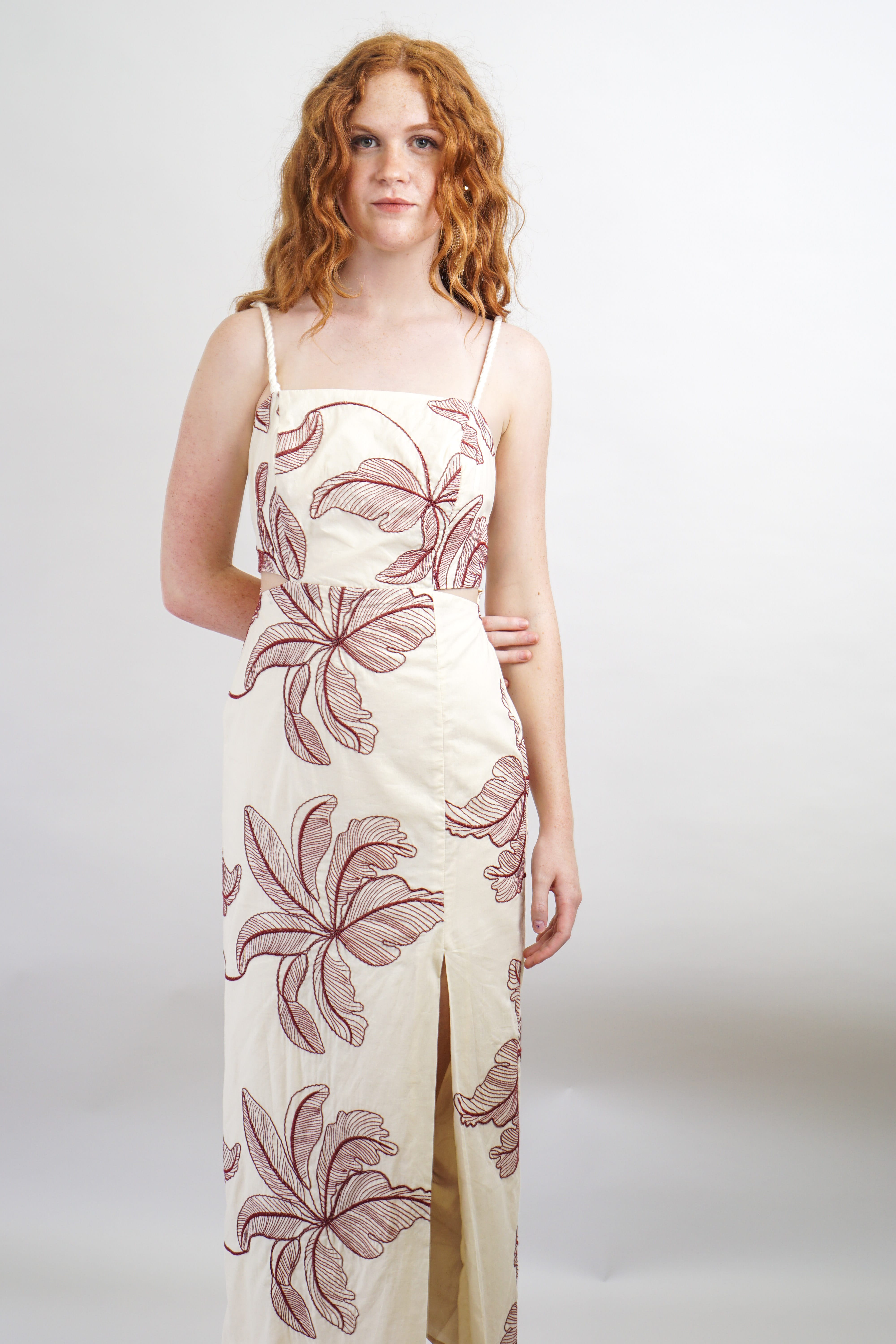 Private Label DRESSES Burgundy Ivory Embroidered Flower Midi Dress