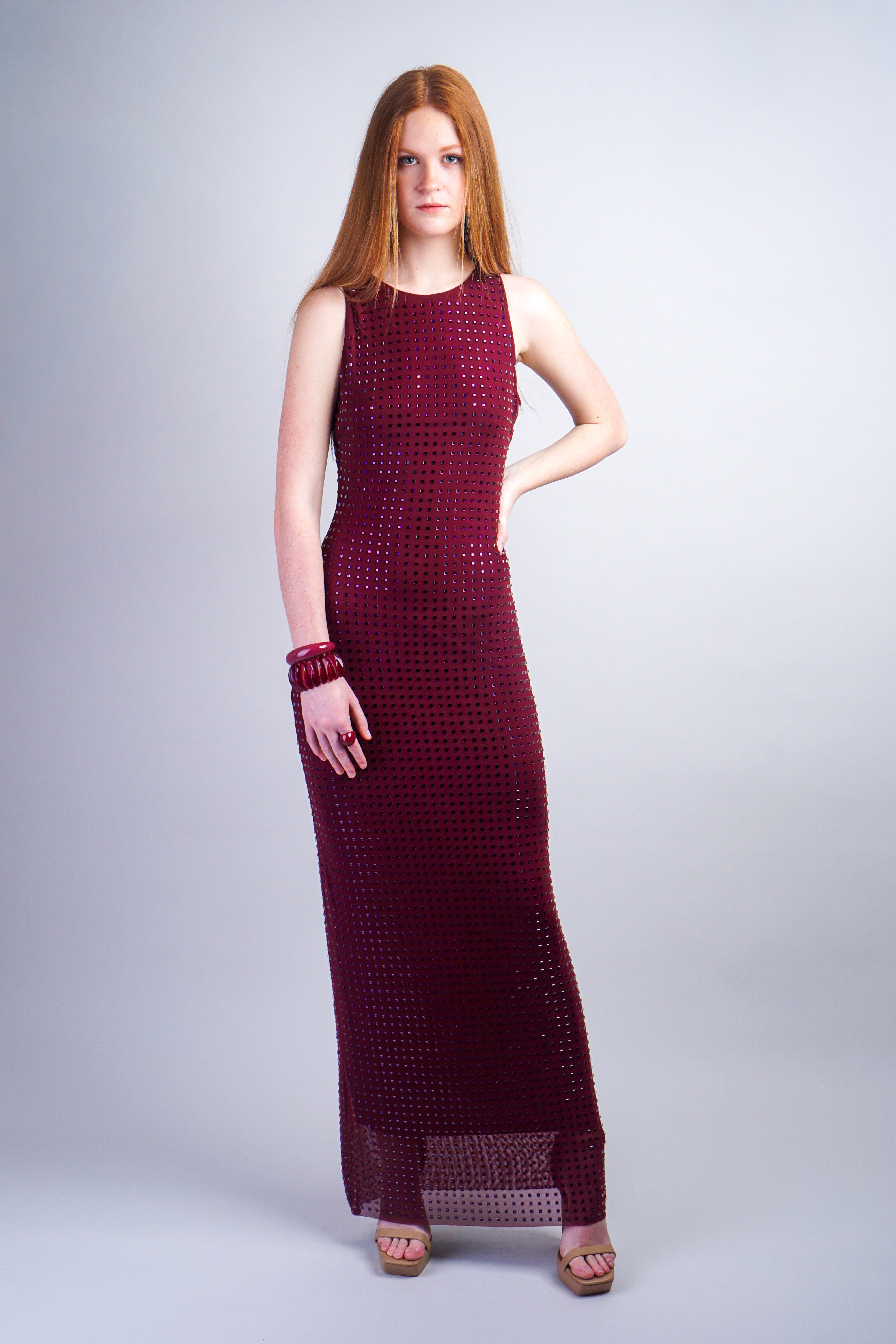 Private Label DRESSES Burgundy Rhinestone Mesh Maxi Dress