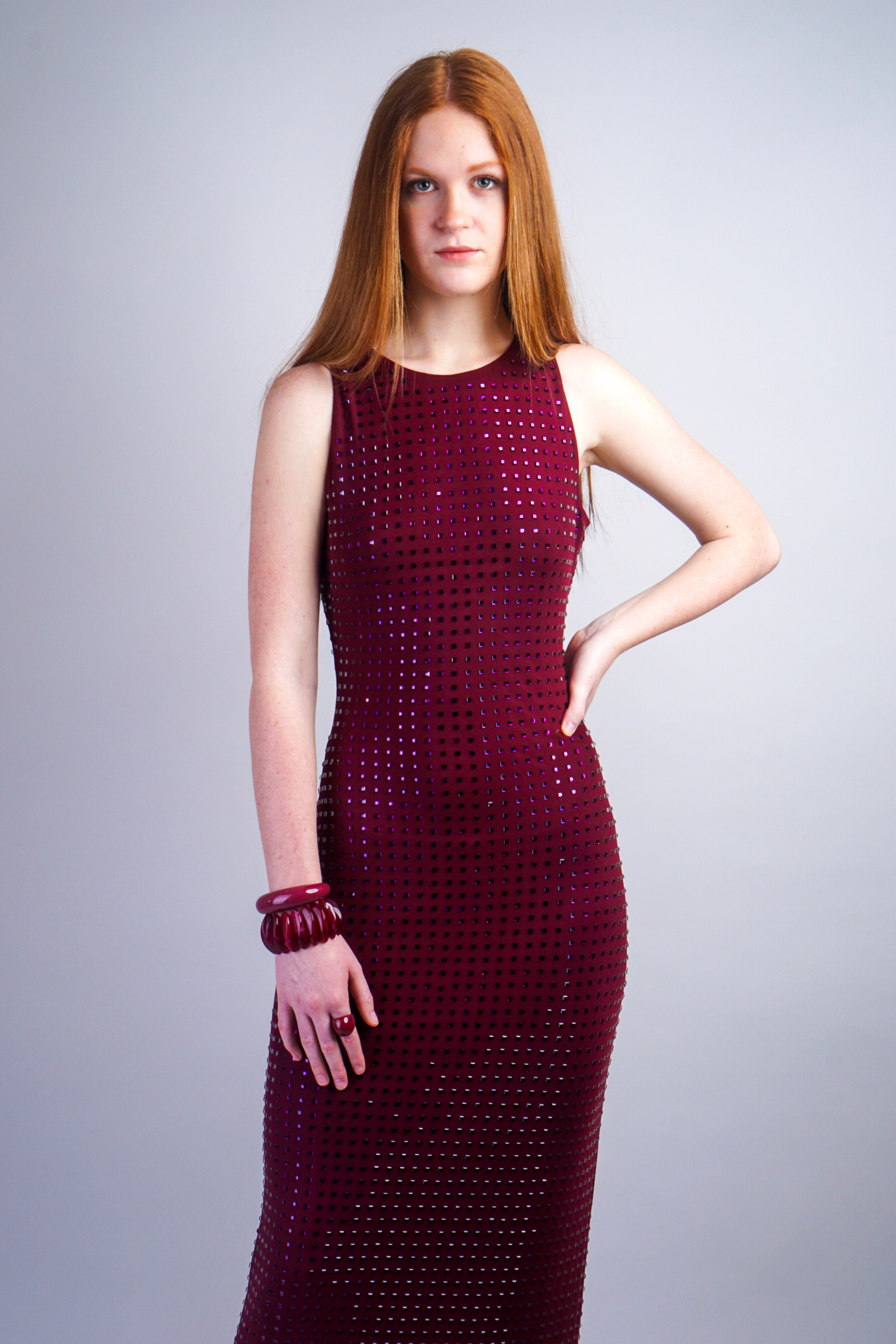 Private Label DRESSES Burgundy Rhinestone Mesh Maxi Dress