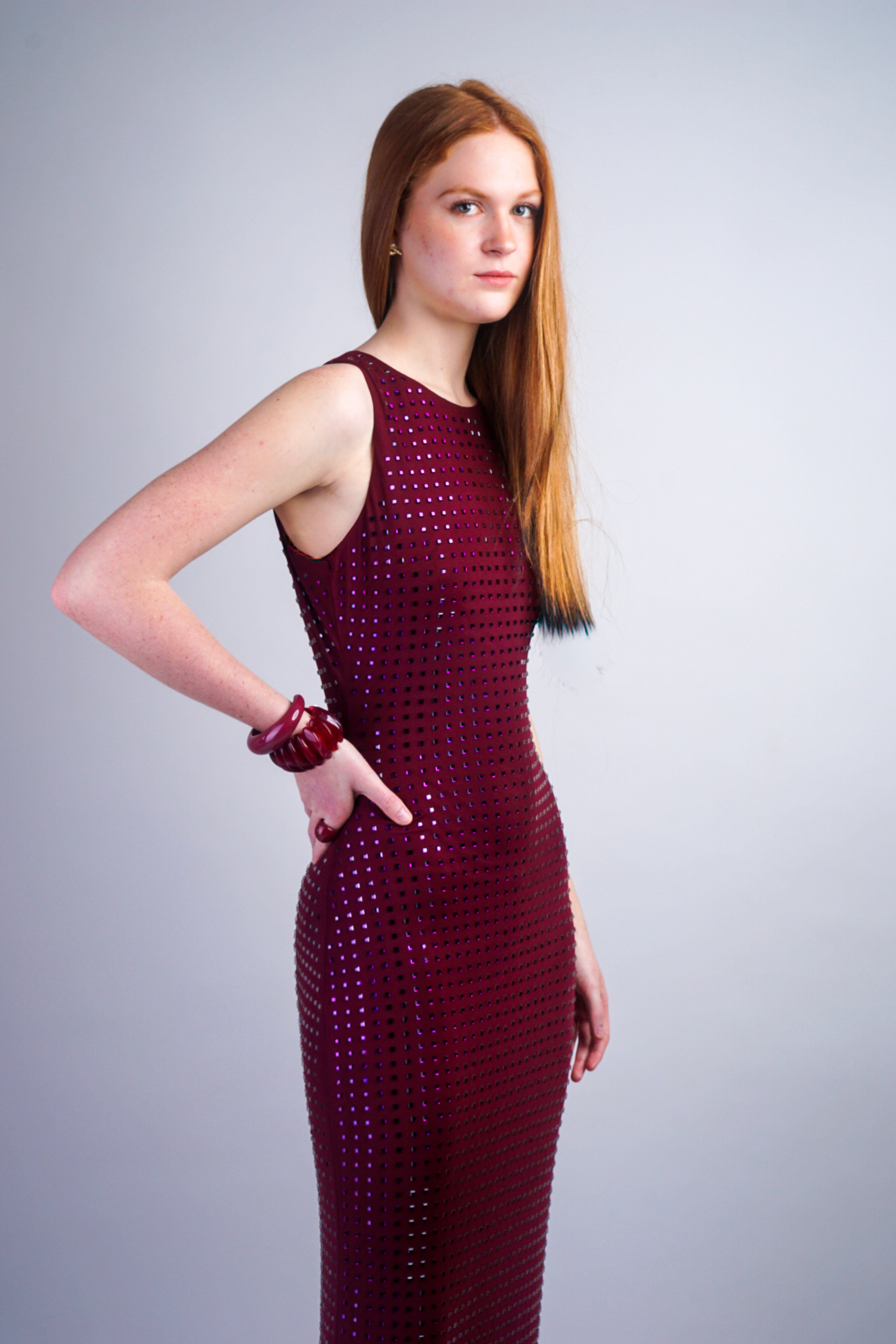 Private Label DRESSES Burgundy Rhinestone Mesh Maxi Dress