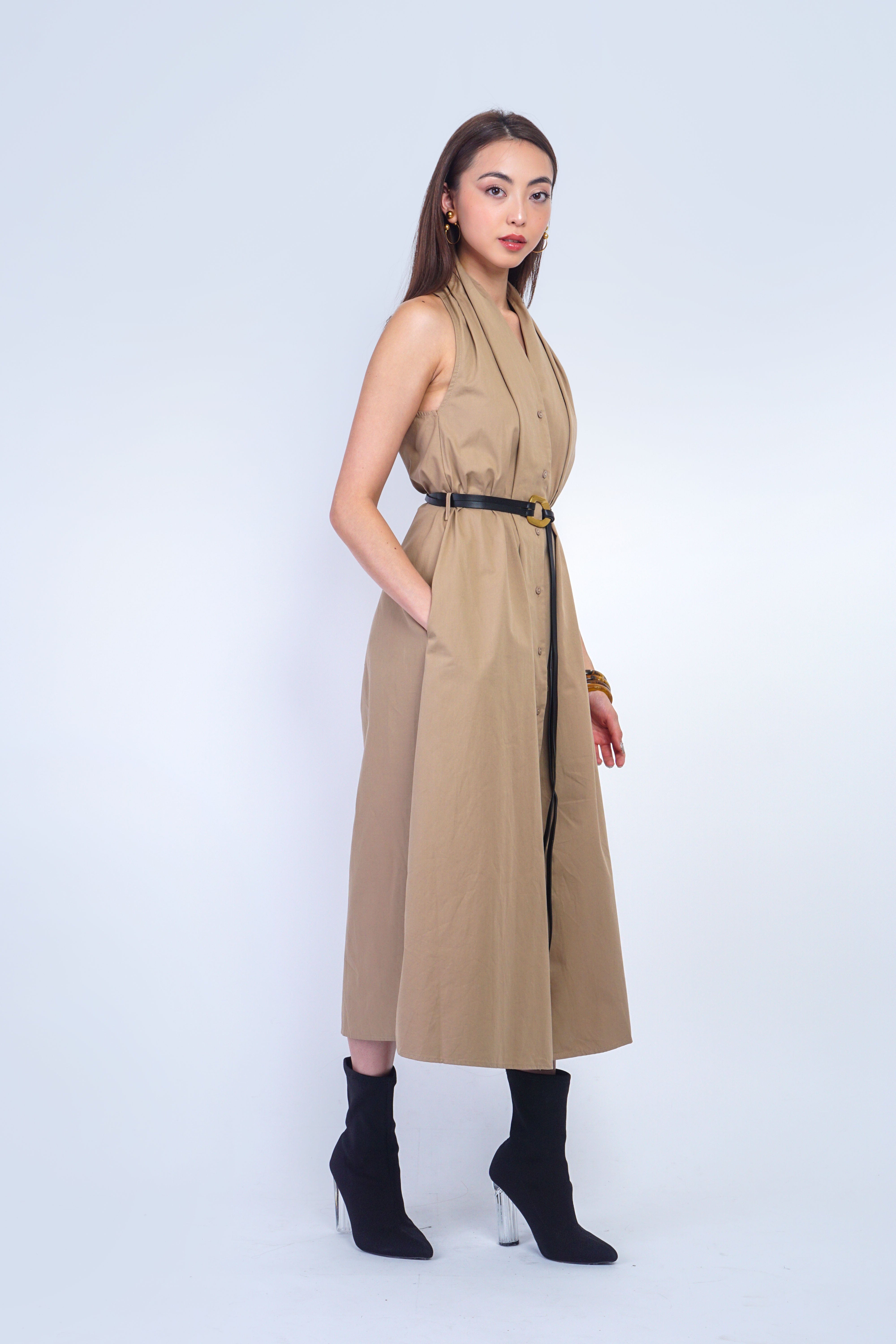 Private Label DRESSES Camel Halter Belted Maxi Dress