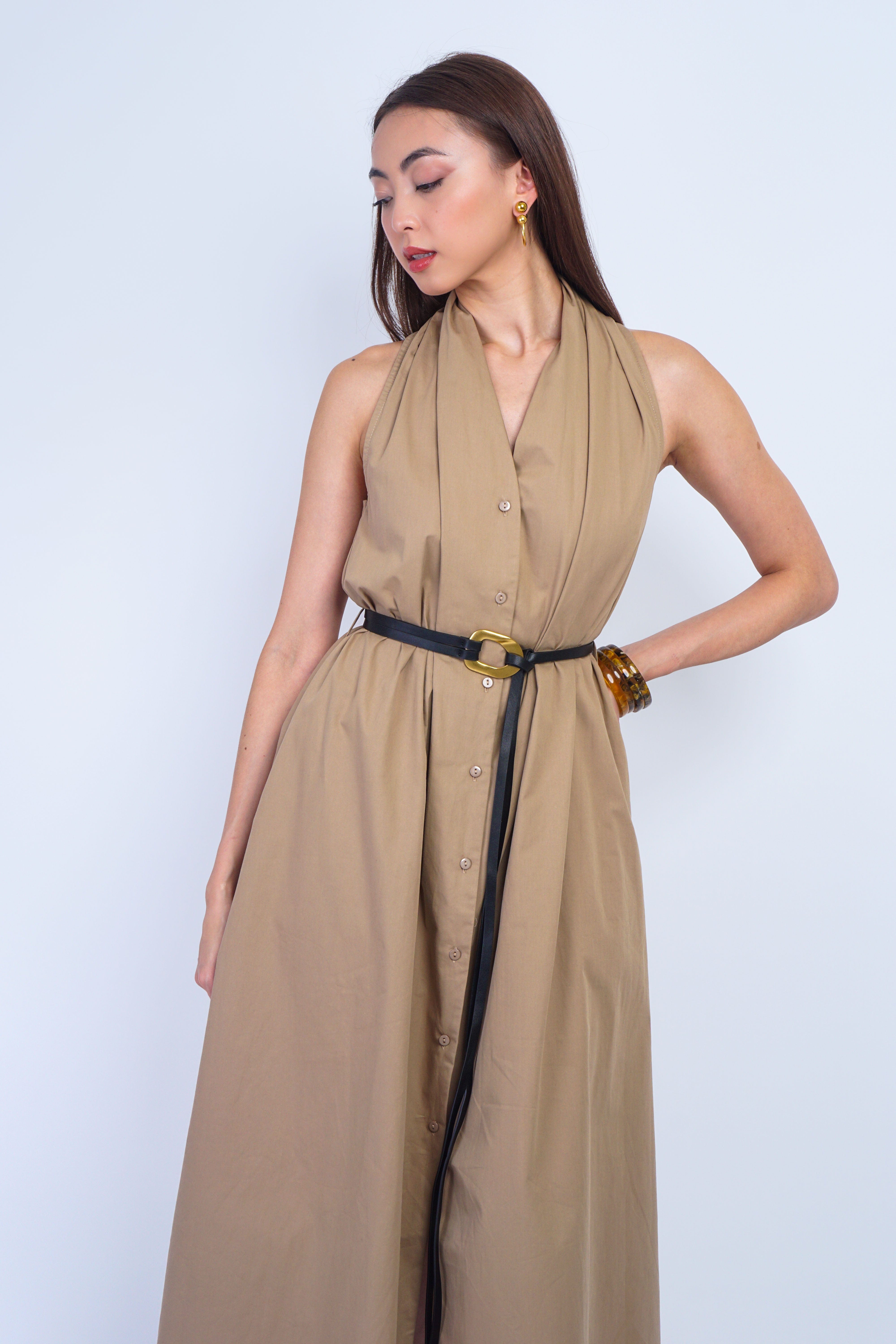 Private Label DRESSES Camel Halter Belted Maxi Dress
