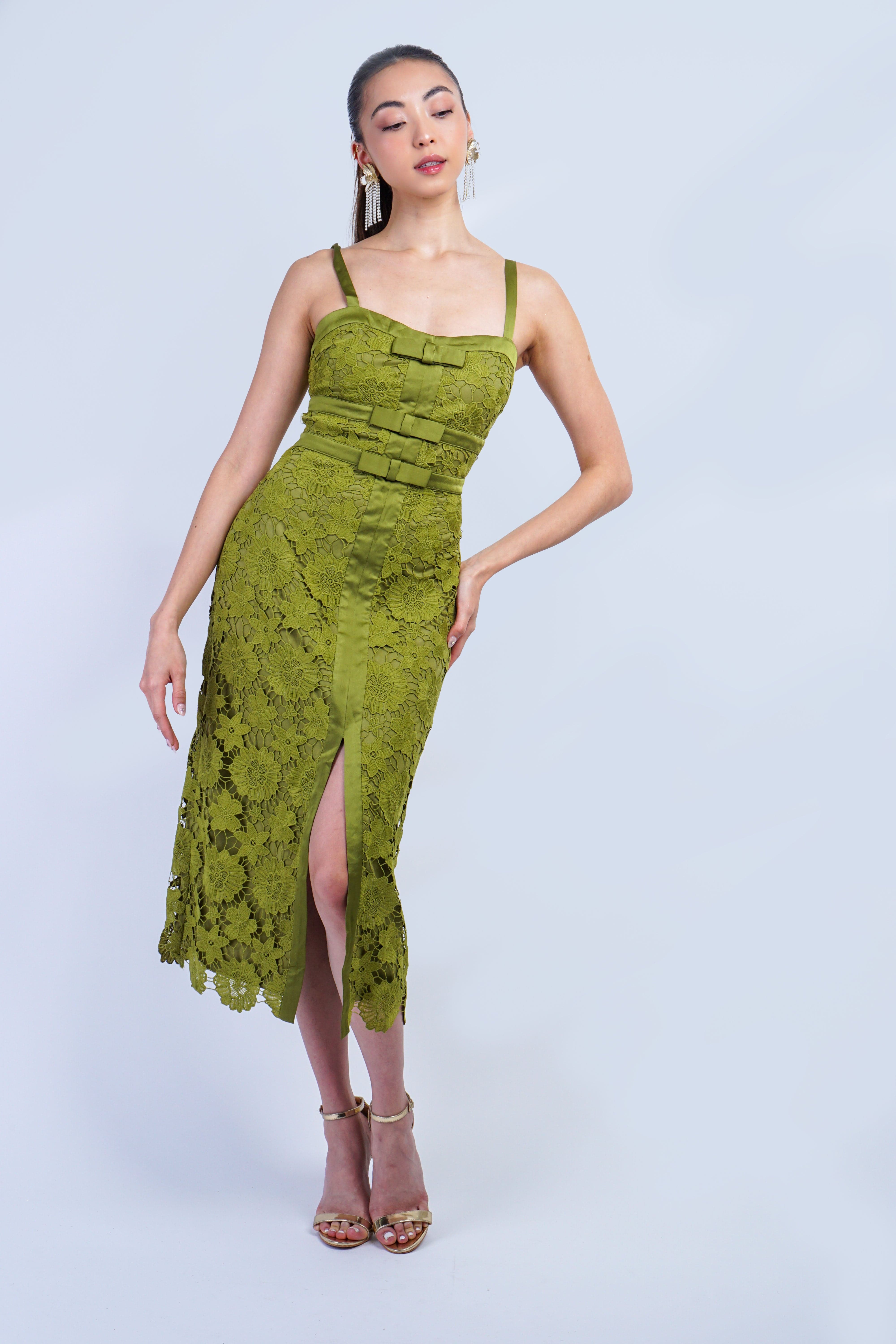 Private Label DRESSES Chartreuse Bow Floral Lace Midi Dress