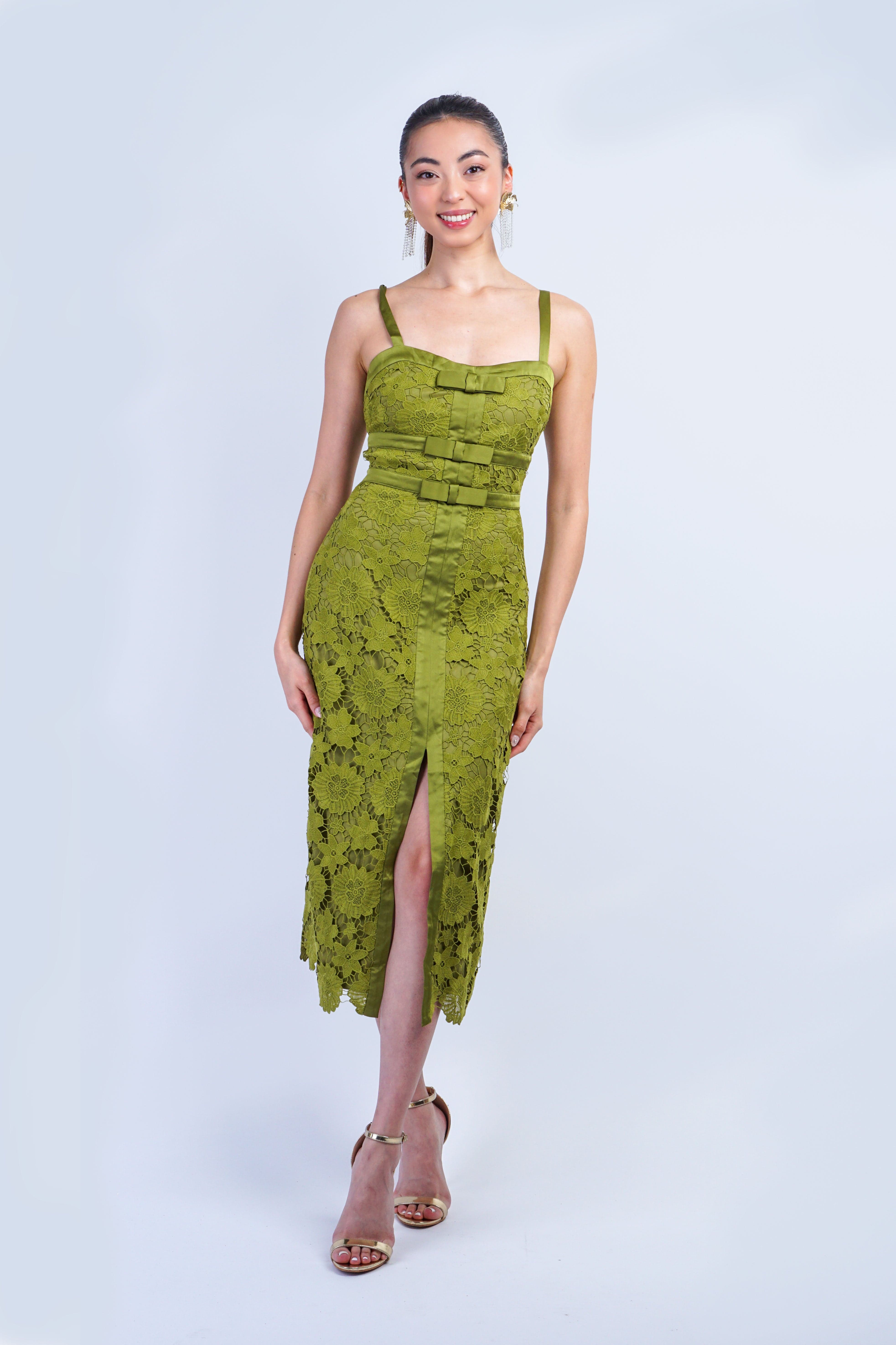 Private Label DRESSES Chartreuse Bow Floral Lace Midi Dress