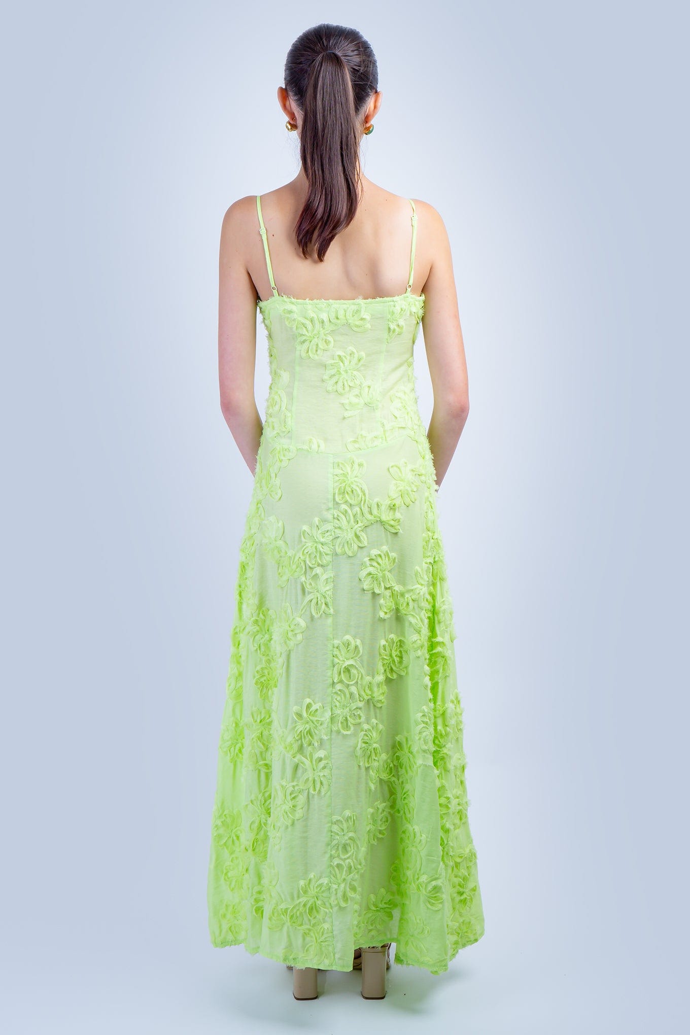 DCD DRESSES Chartreuse Floral 3D Maxi Dress