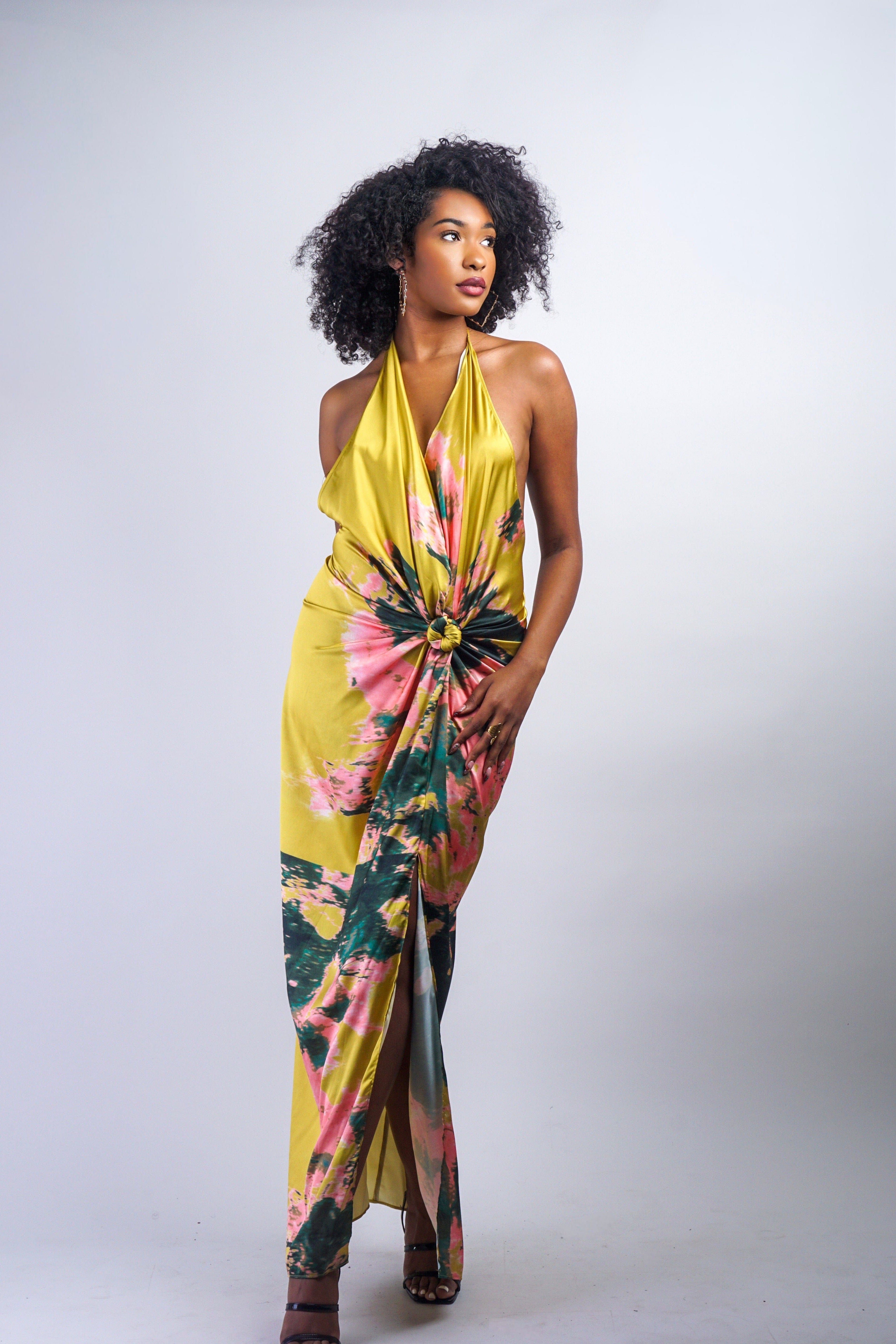 Private Label DRESSES Chartreuse Sunset Knot Halter Gown