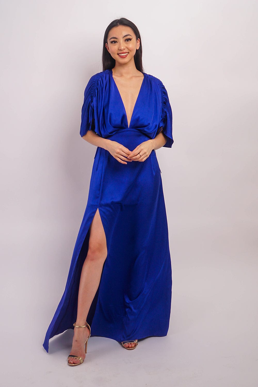Chloe Dao DRESSES Cobalt Satin Pleated V Neck Kasumi Gown