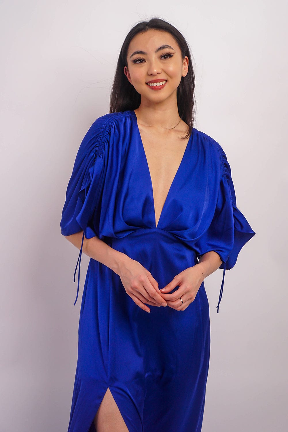 Chloe Dao DRESSES Cobalt Satin Pleated V Neck Kasumi Gown