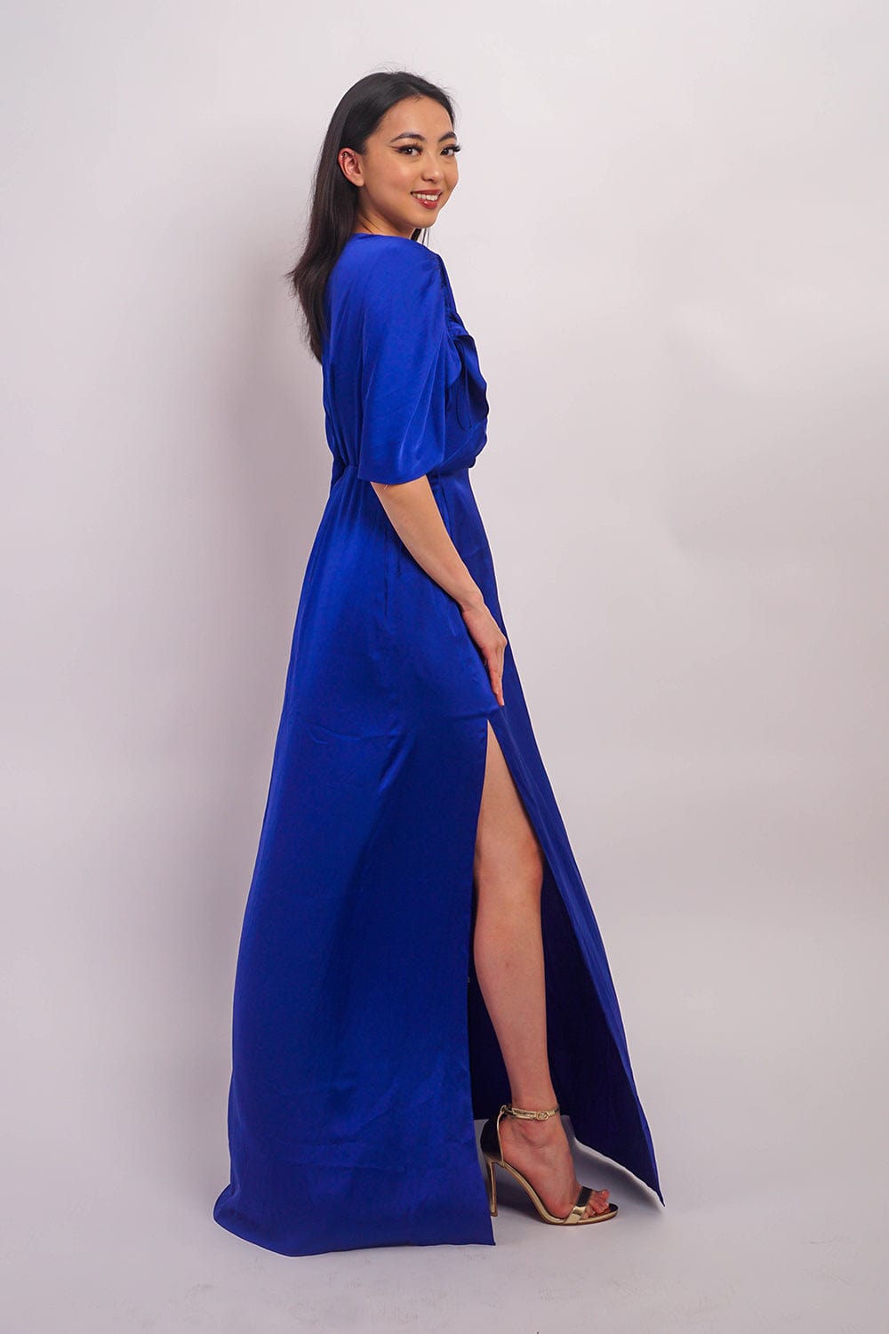 Chloe Dao DRESSES Cobalt Satin Pleated V Neck Kasumi Gown