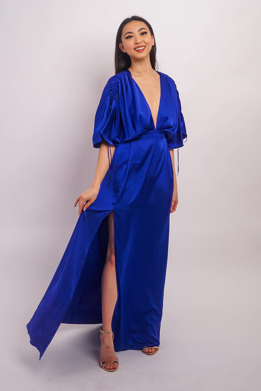 Chloe Dao DRESSES Cobalt Satin Pleated V Neck Kasumi Gown