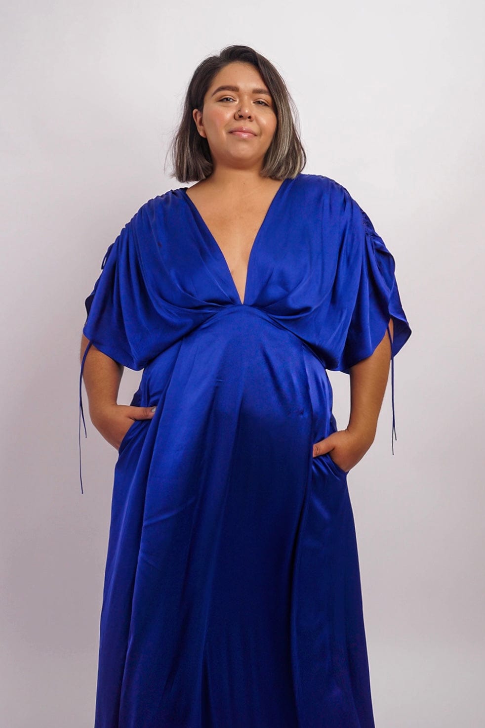 Chloe Dao DRESSES Cobalt Satin Pleated V Neck Kasumi Gown