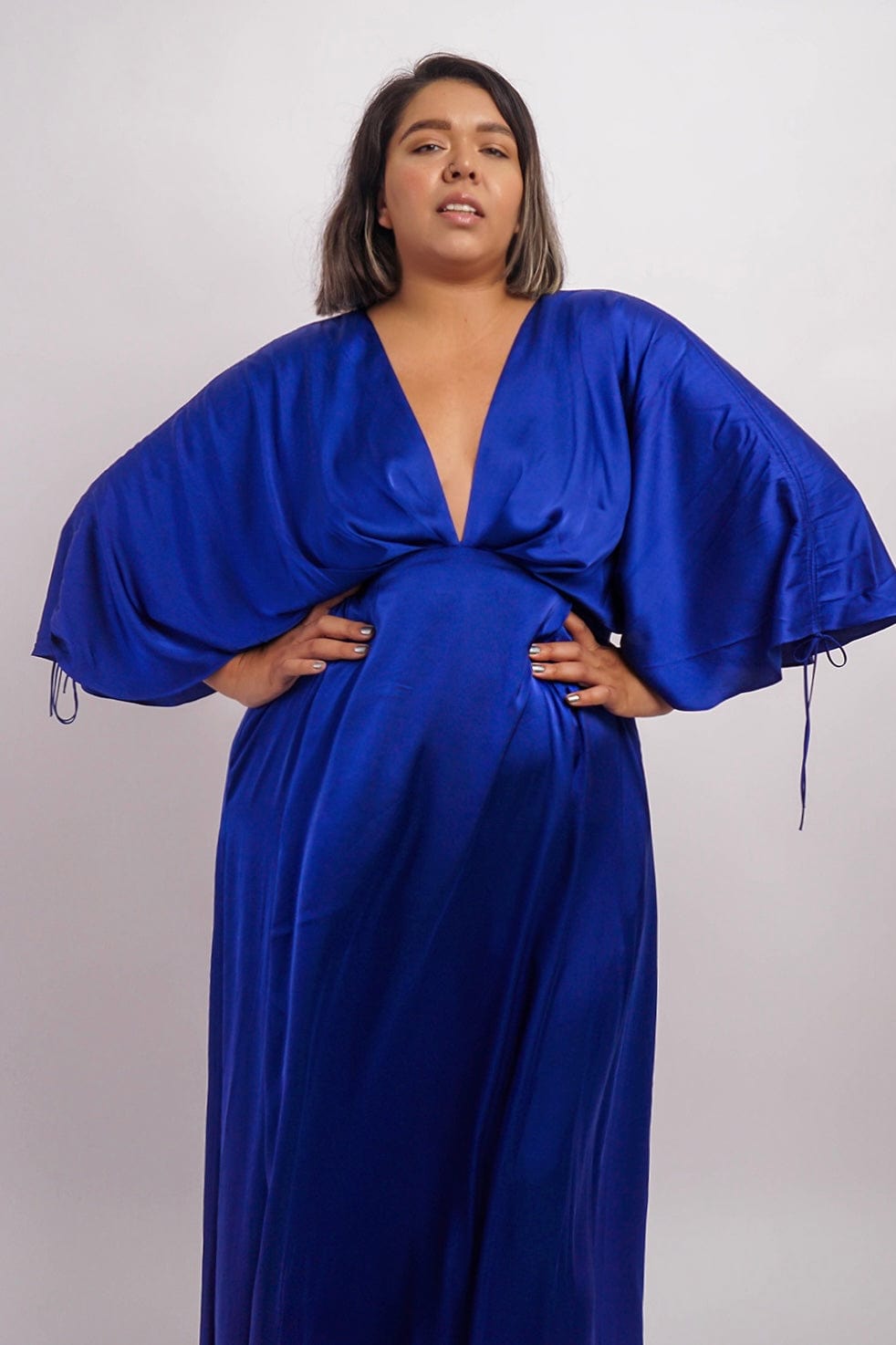 Chloe Dao DRESSES Cobalt Satin Pleated V Neck Kasumi Gown