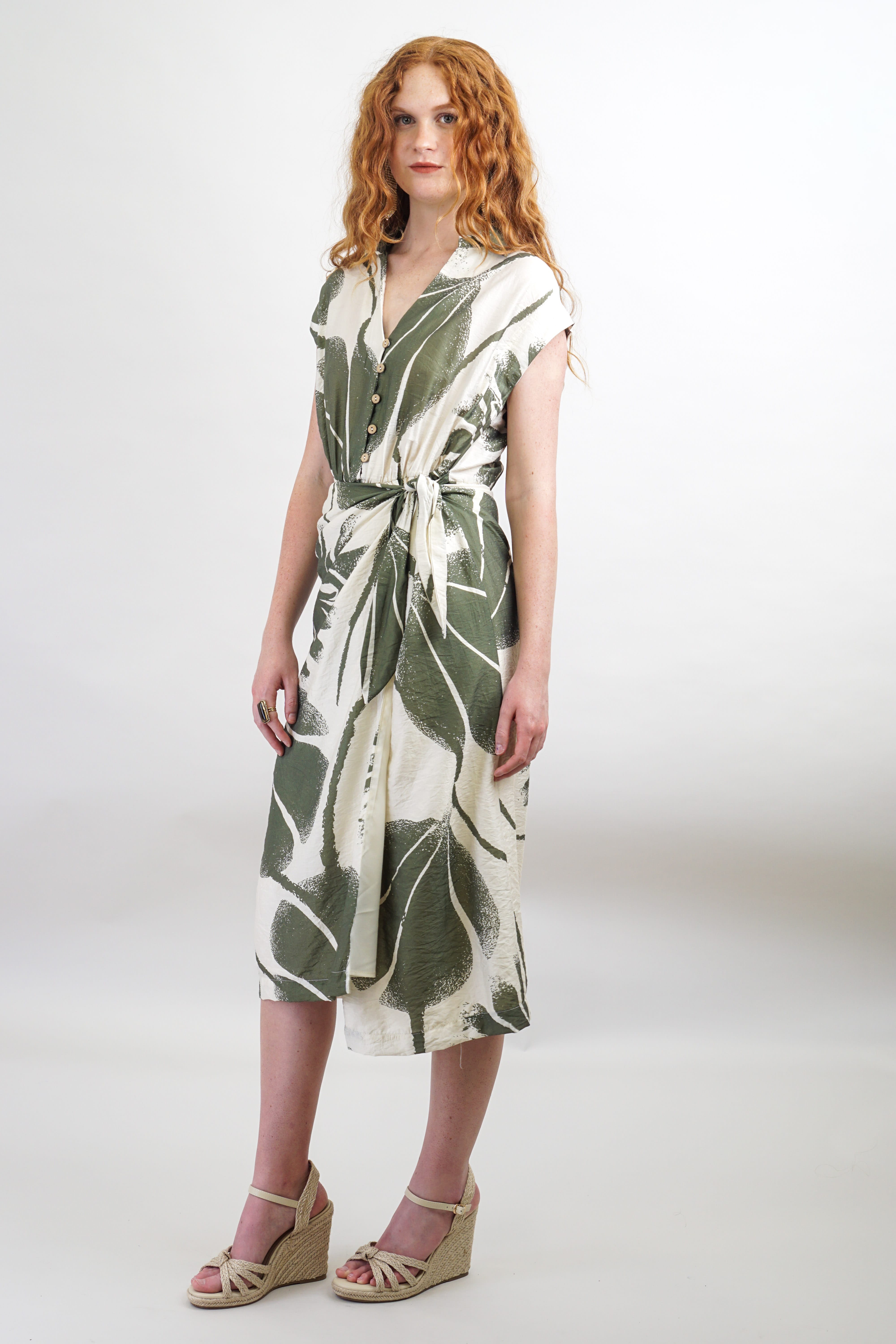 Private Label DRESSES Cream & Olive Leaf Print Wrap Midi Dress