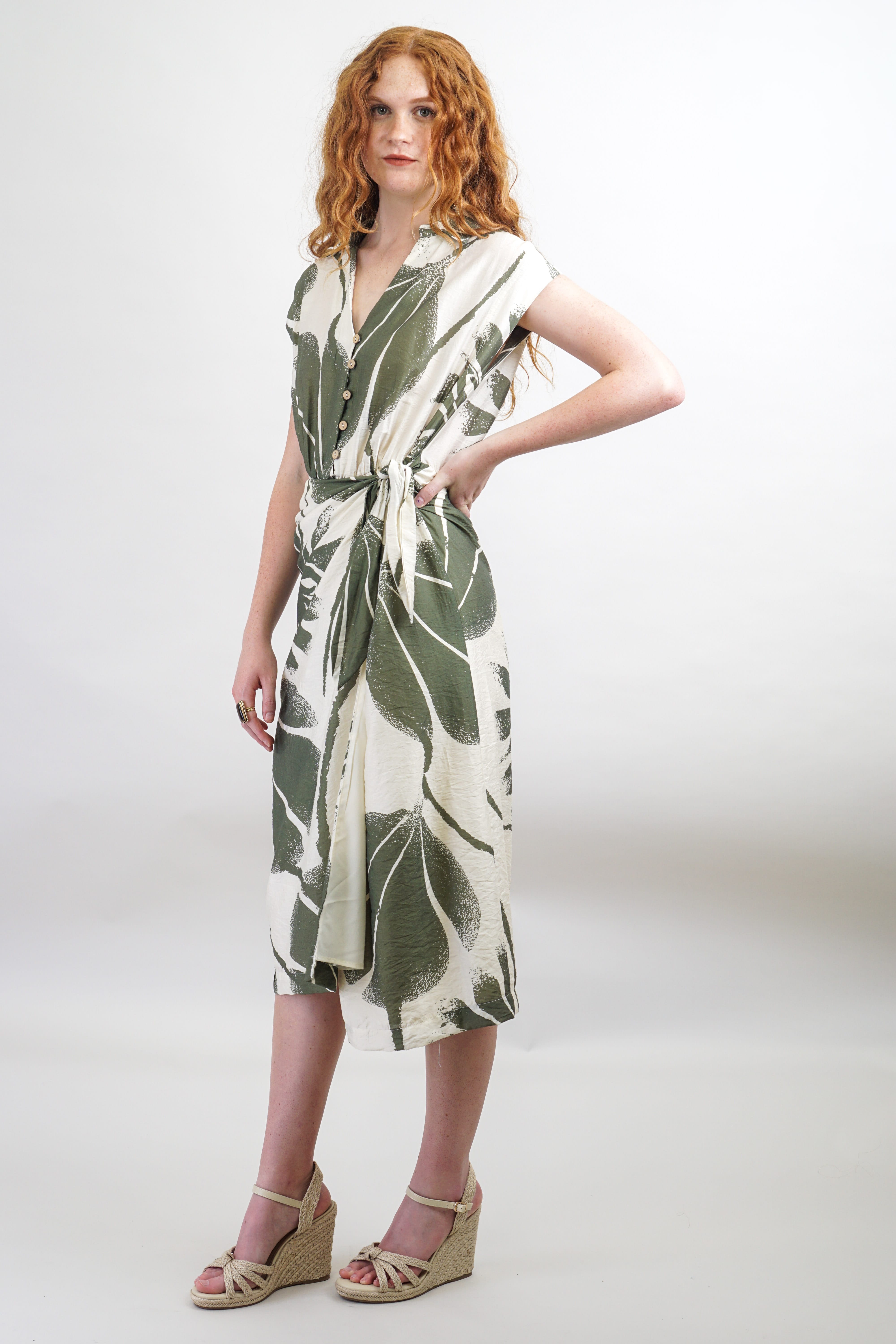 Private Label DRESSES Cream & Olive Leaf Print Wrap Midi Dress