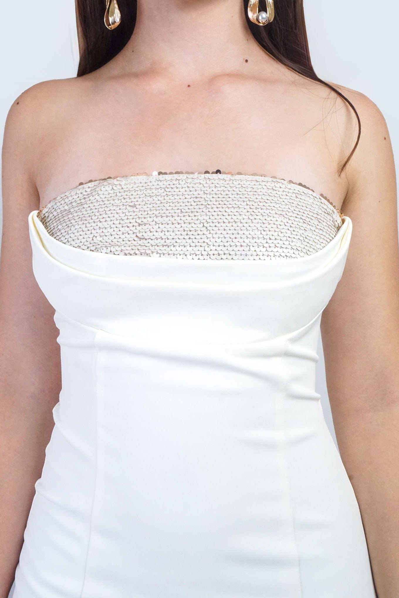 DCD DRESSES Cream Sequin Panel Strapless Mini Dress