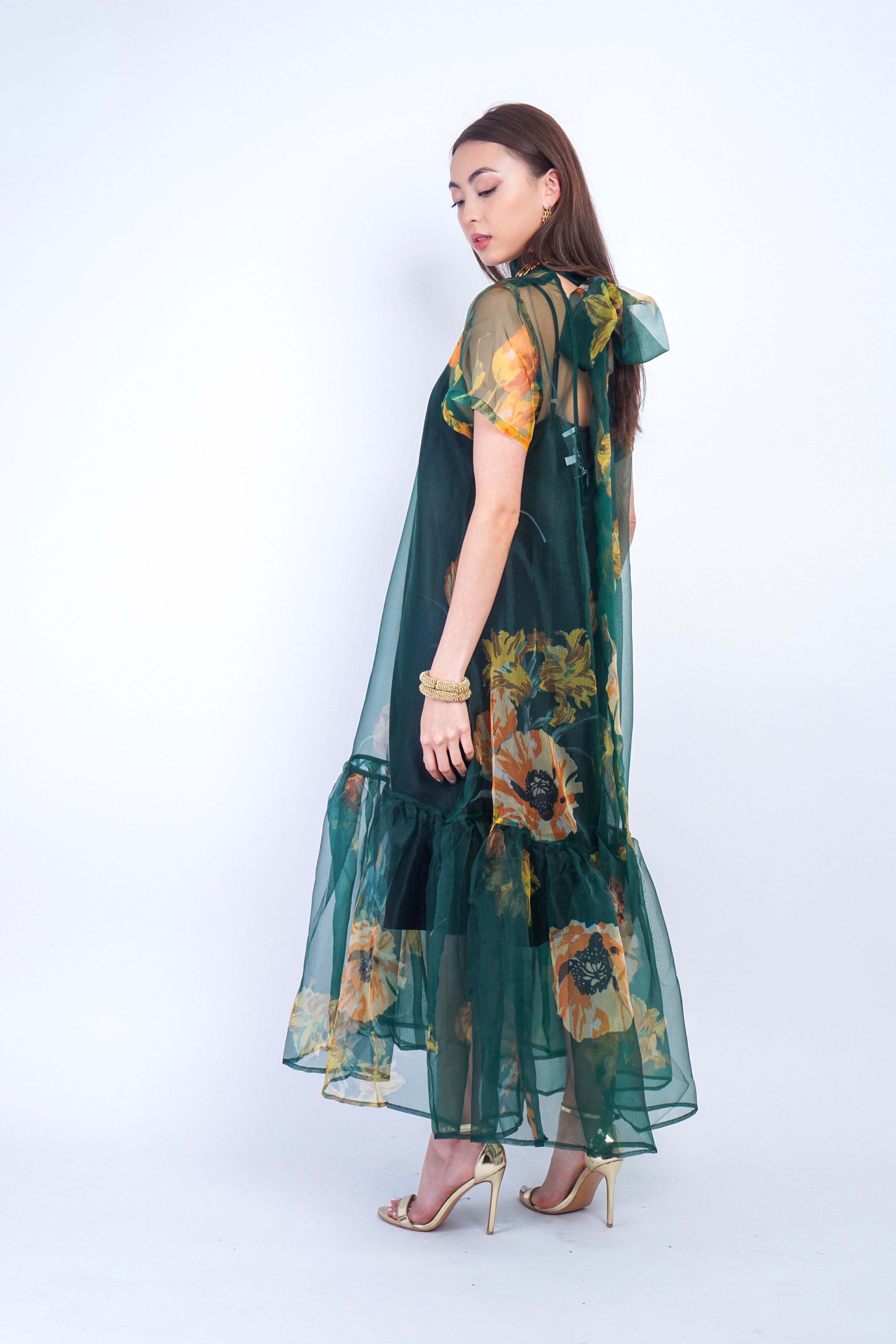 Private Label DRESSES Green Gold/Orange Floral Organza Maxi Dress