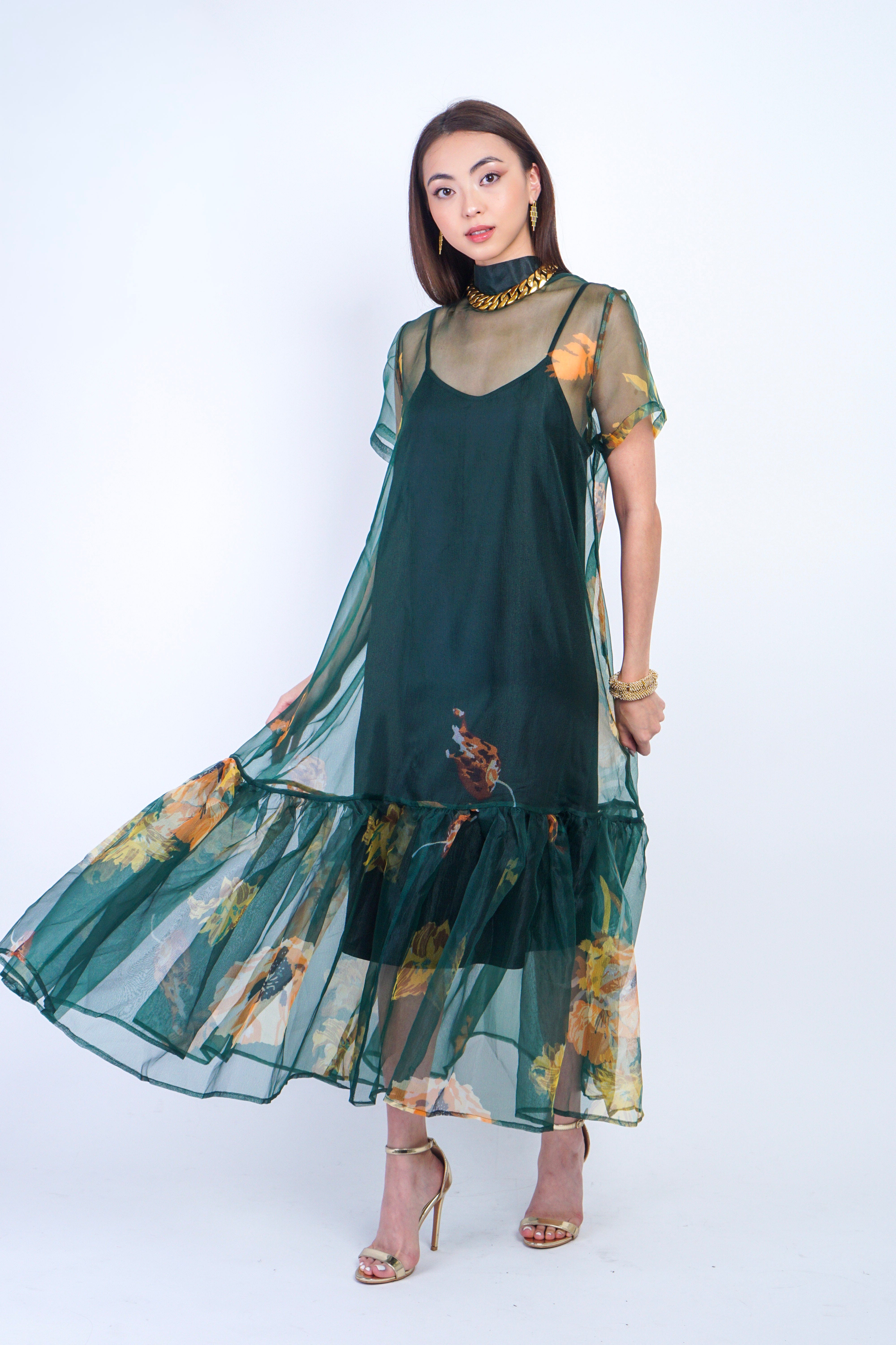 Private Label DRESSES Green Gold/Orange Floral Organza Maxi Dress