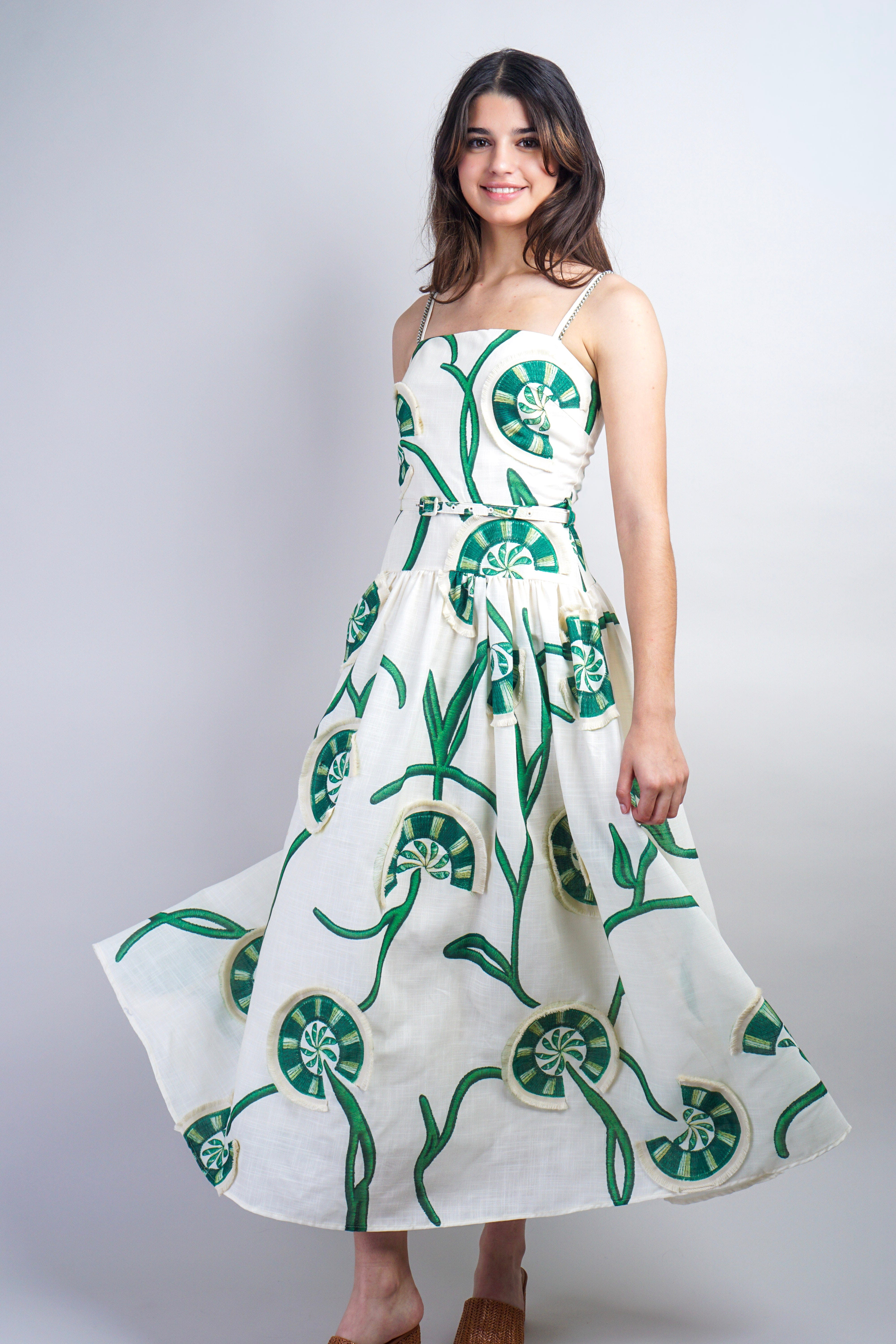 Private Label DRESSES Green Ivory Flower Vine Dress with Cord