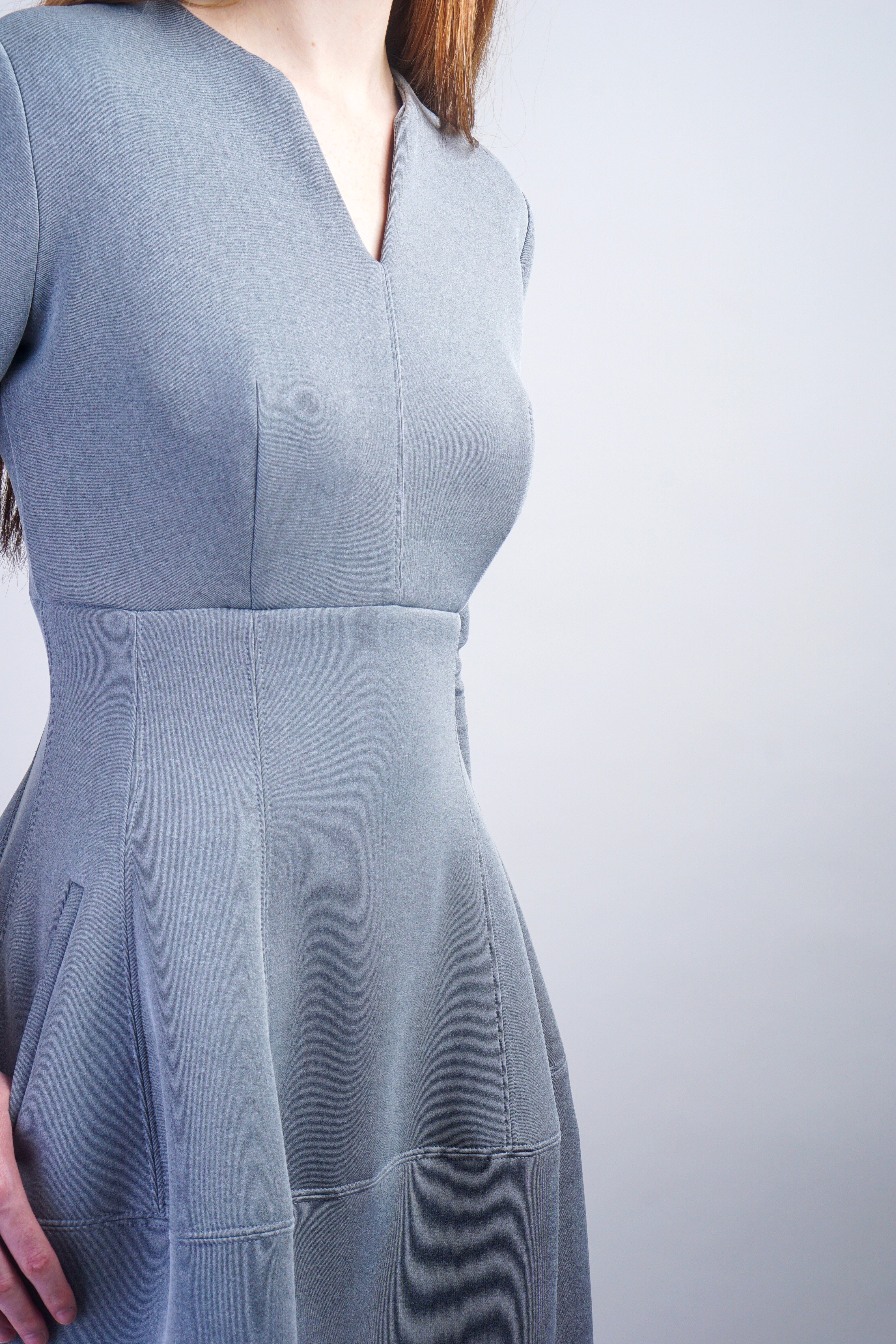 Chloe Dao DRESSES Grey V Neck Neoprene Midi Dress