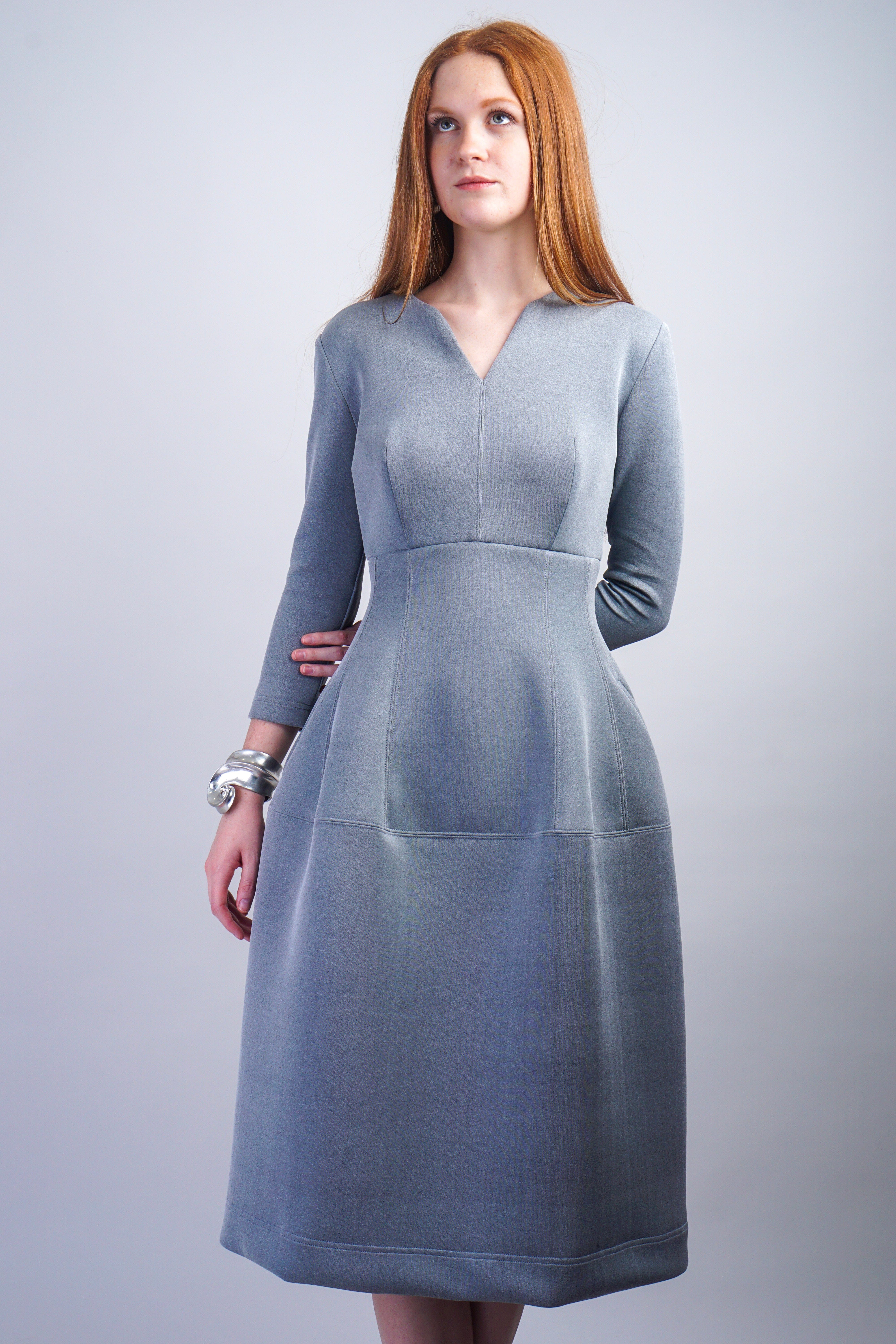 Chloe Dao DRESSES Grey V Neck Neoprene Midi Dress