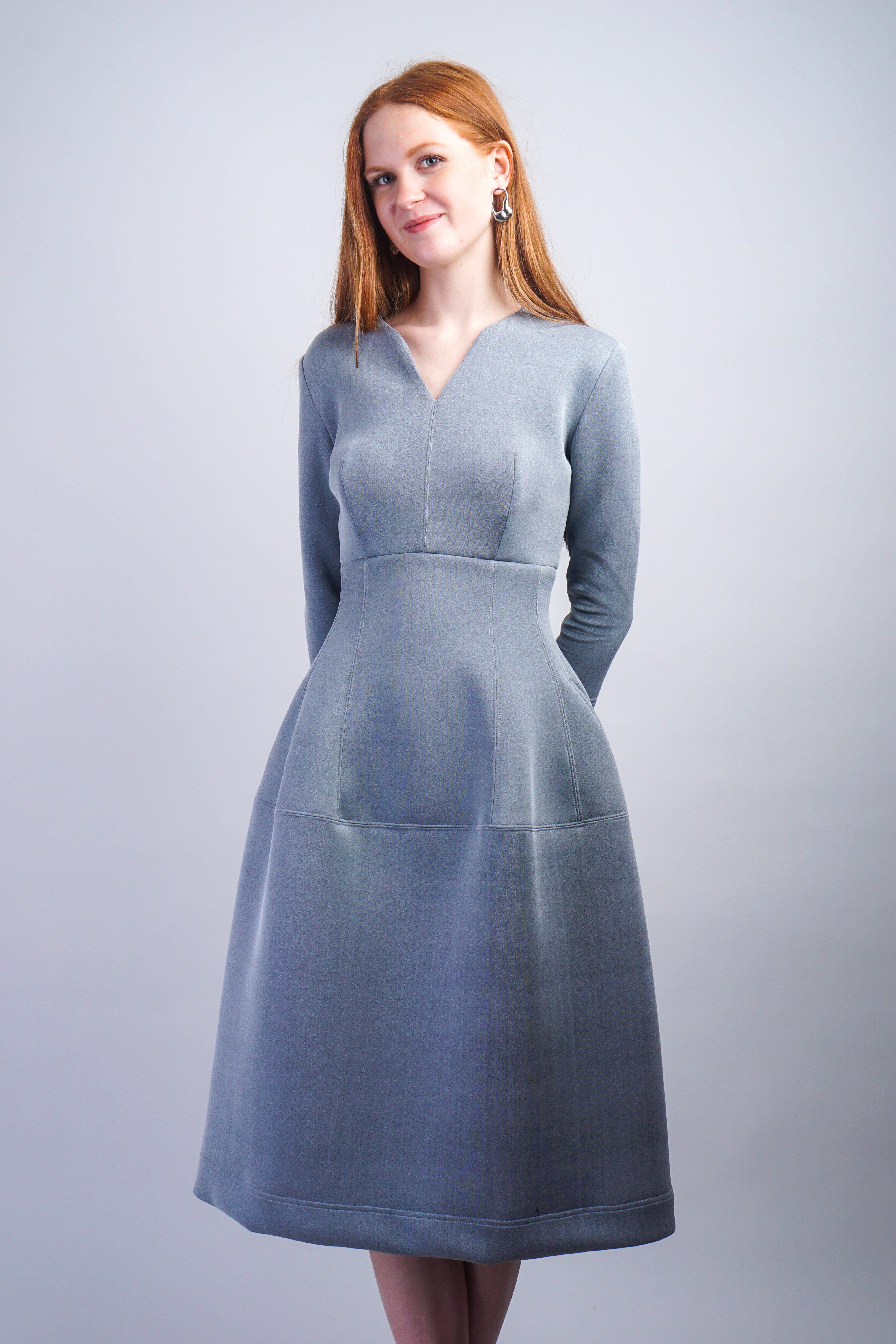 Chloe Dao DRESSES Grey V Neck Neoprene Midi Dress