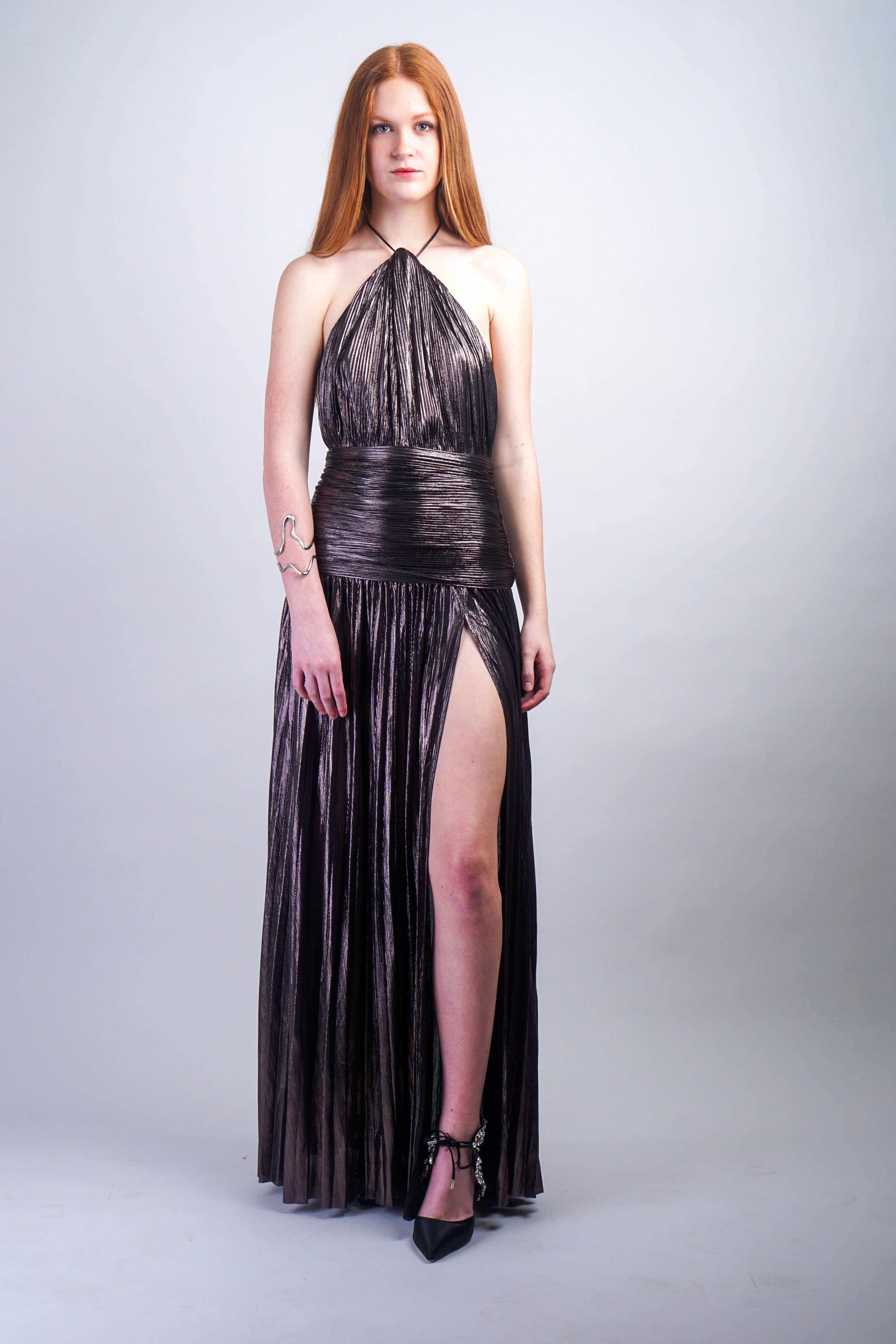 Private Label DRESSES Gunmetal Pleated Metallic Halter Gown