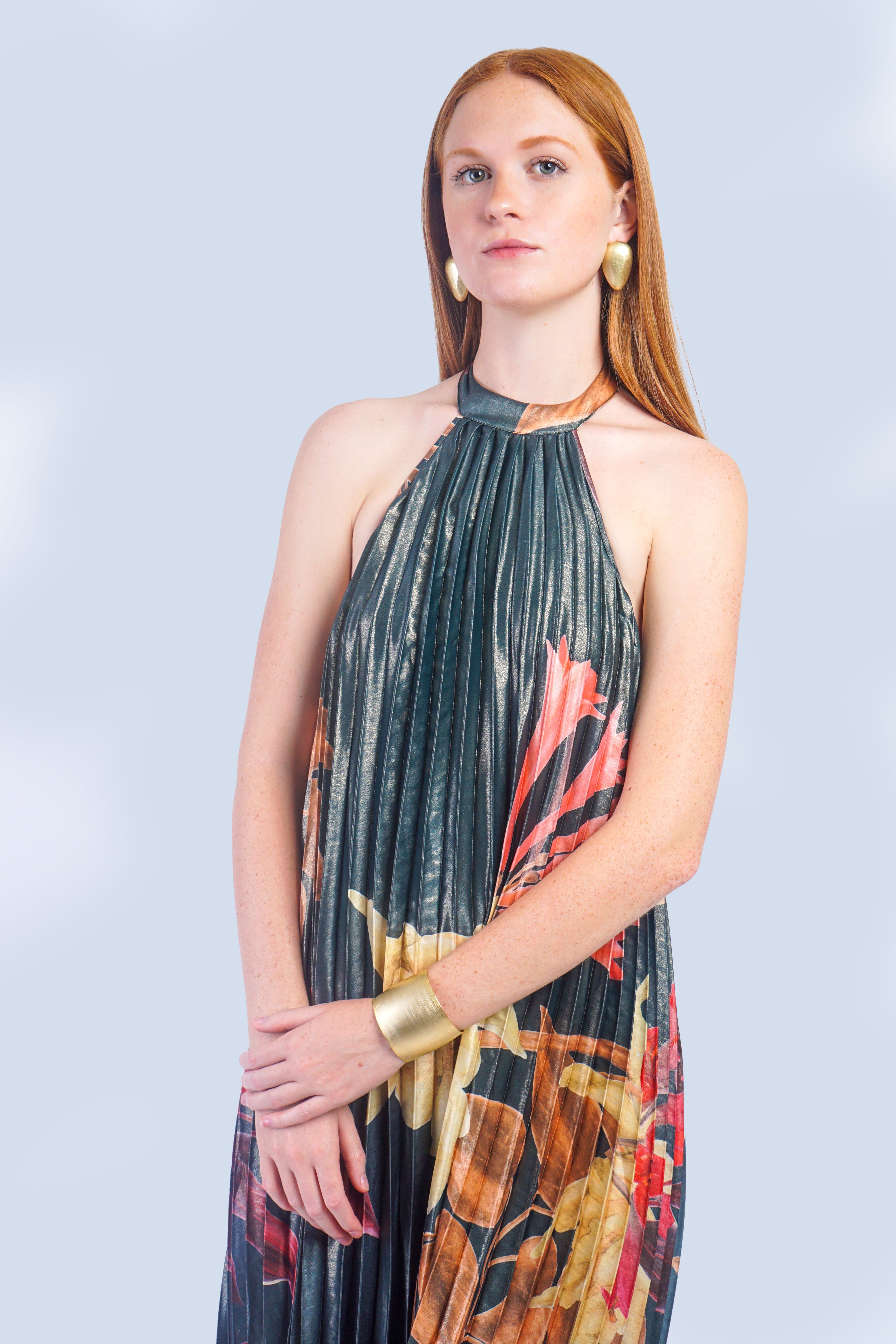 Private Label DRESSES Hunter Green Floral Pleater Halter Maxi Dress