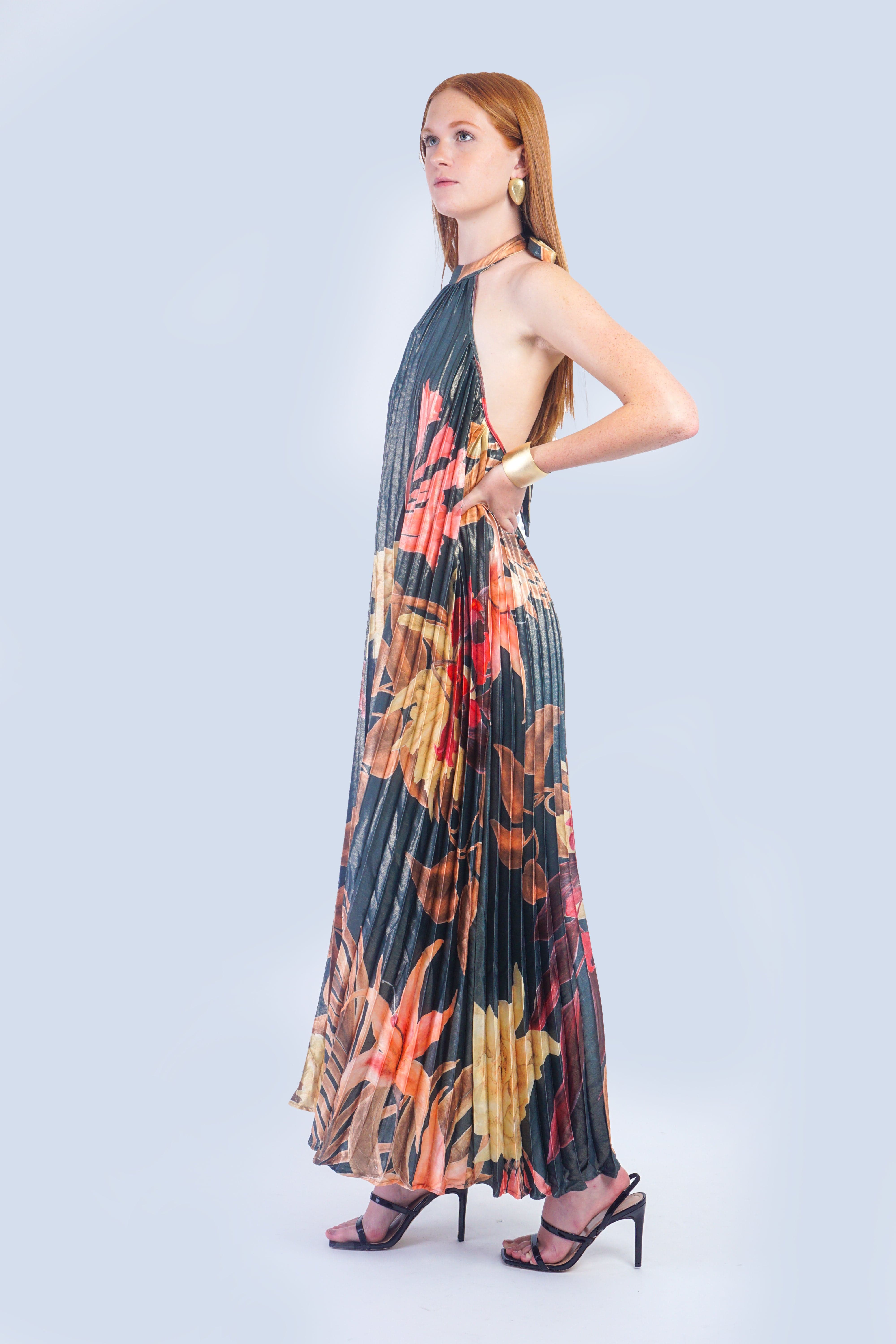 Private Label DRESSES Hunter Green Floral Pleater Halter Maxi Dress