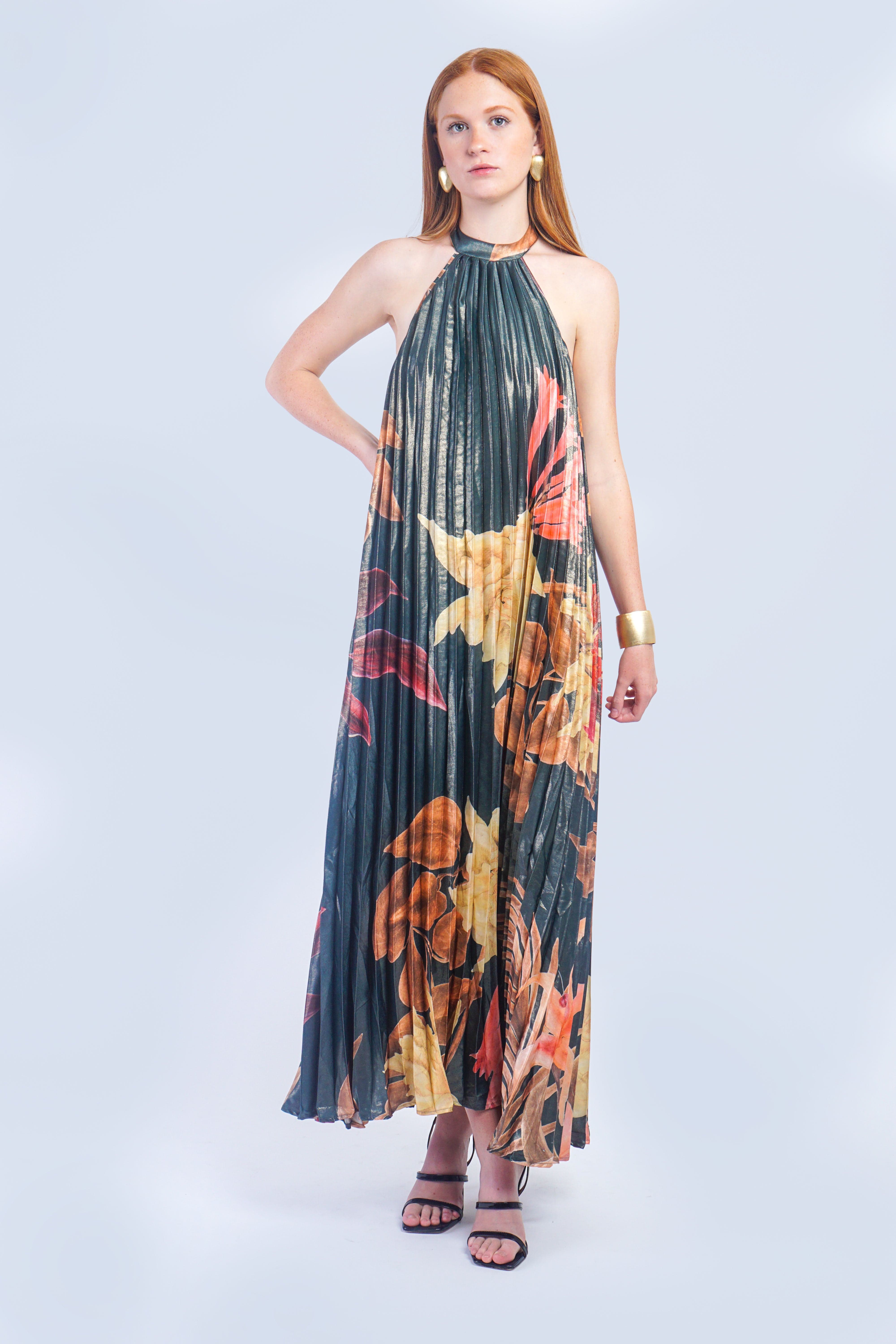 Private Label DRESSES Hunter Green Floral Pleater Halter Maxi Dress