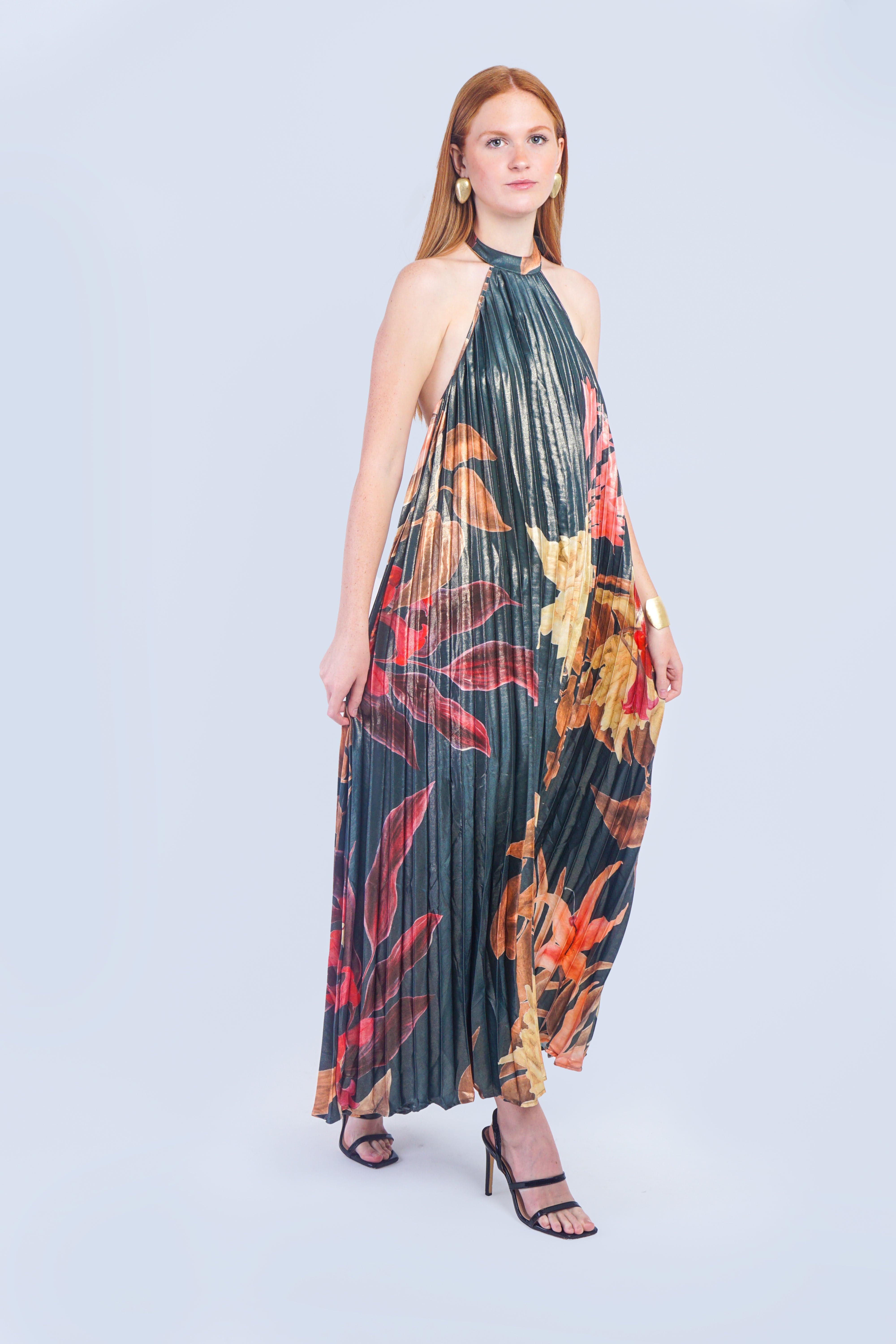 Private Label DRESSES Hunter Green Floral Pleater Halter Maxi Dress