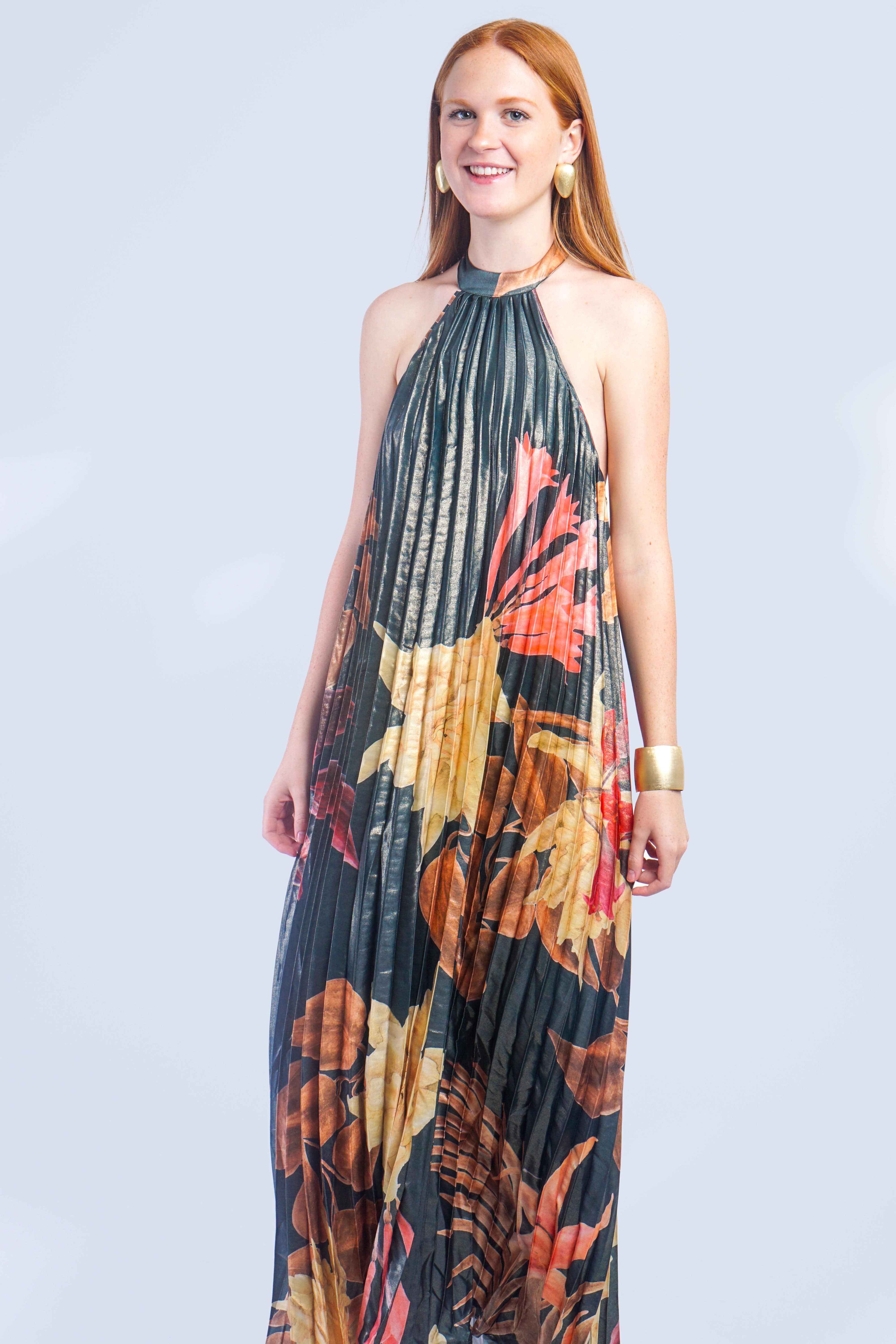 Private Label DRESSES Hunter Green Floral Pleater Halter Maxi Dress