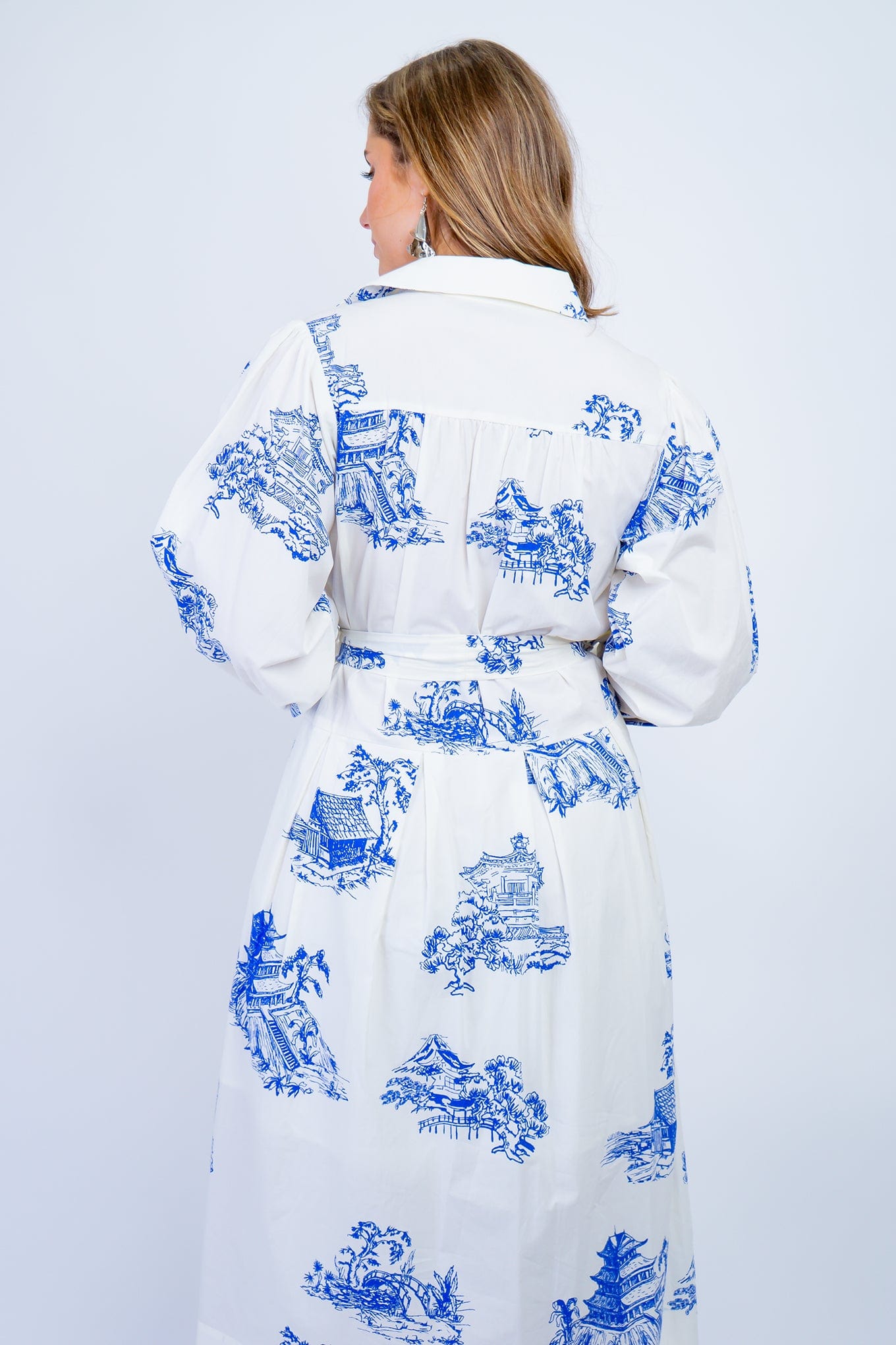 DCD DRESSES Ivory and Blue Print Shirt Midi Dress