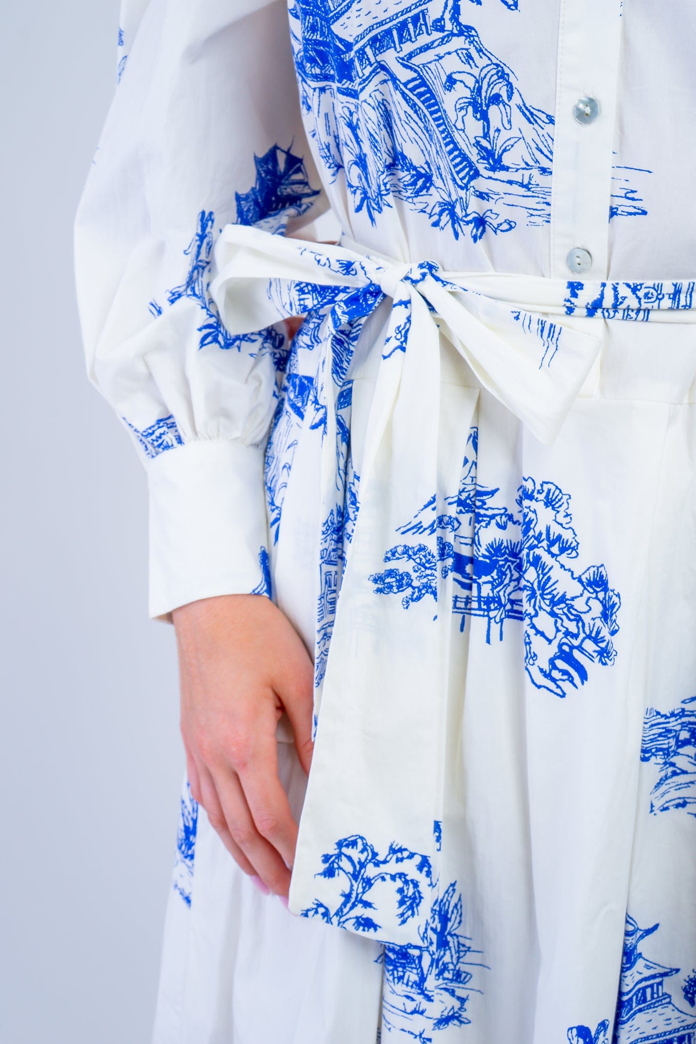 DCD DRESSES Ivory and Blue Print Shirt Midi Dress