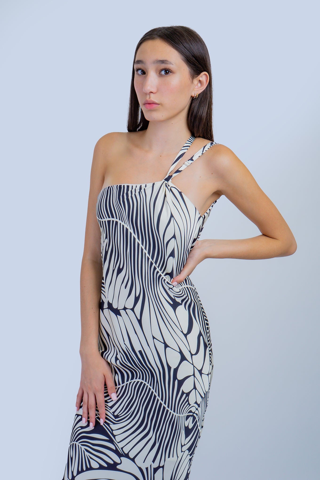 DCD DRESSES Ivory-Black One Shoulder Bias Back Cowl Dress