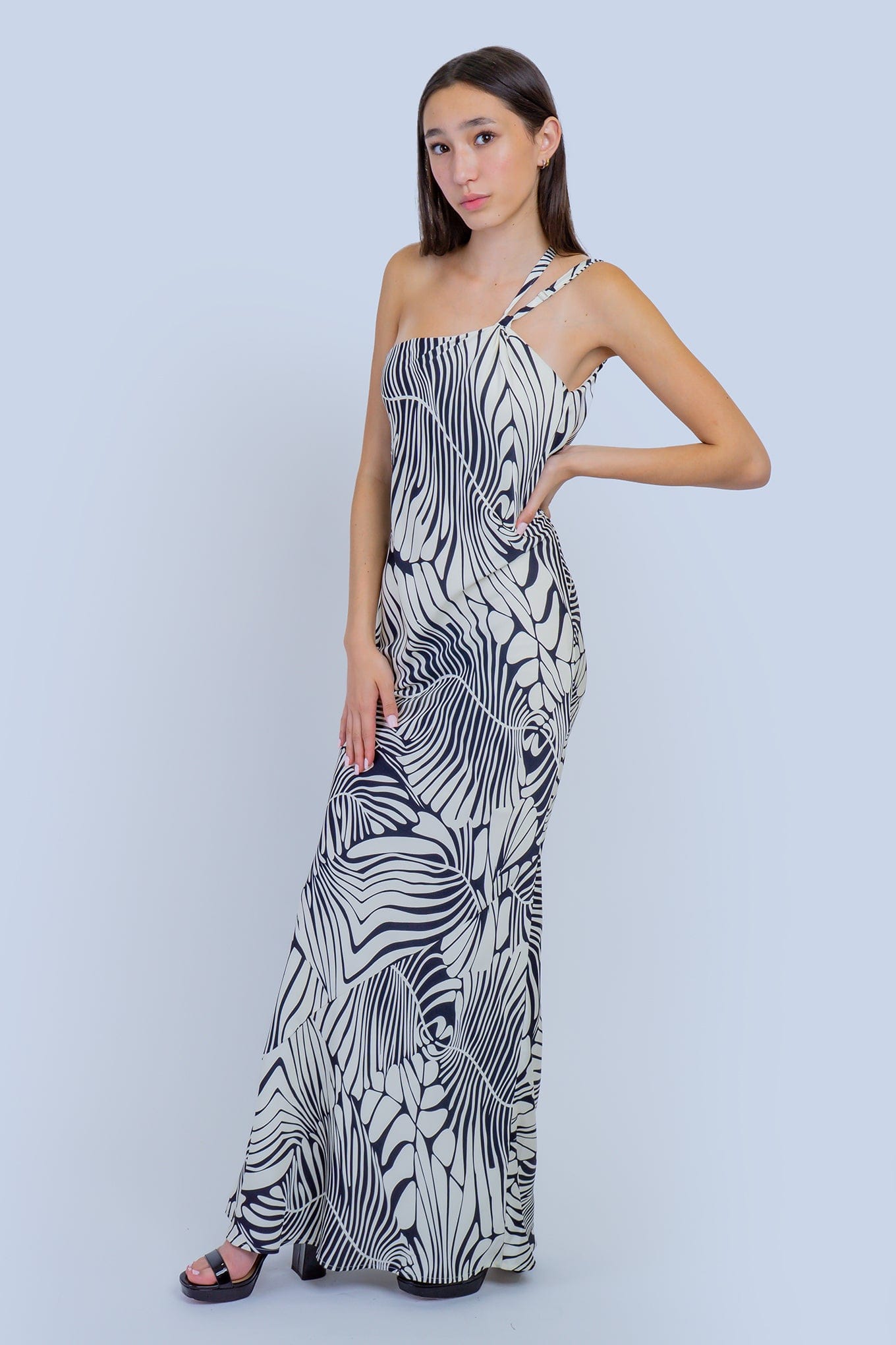 DCD DRESSES Ivory-Black One Shoulder Bias Back Cowl Dress