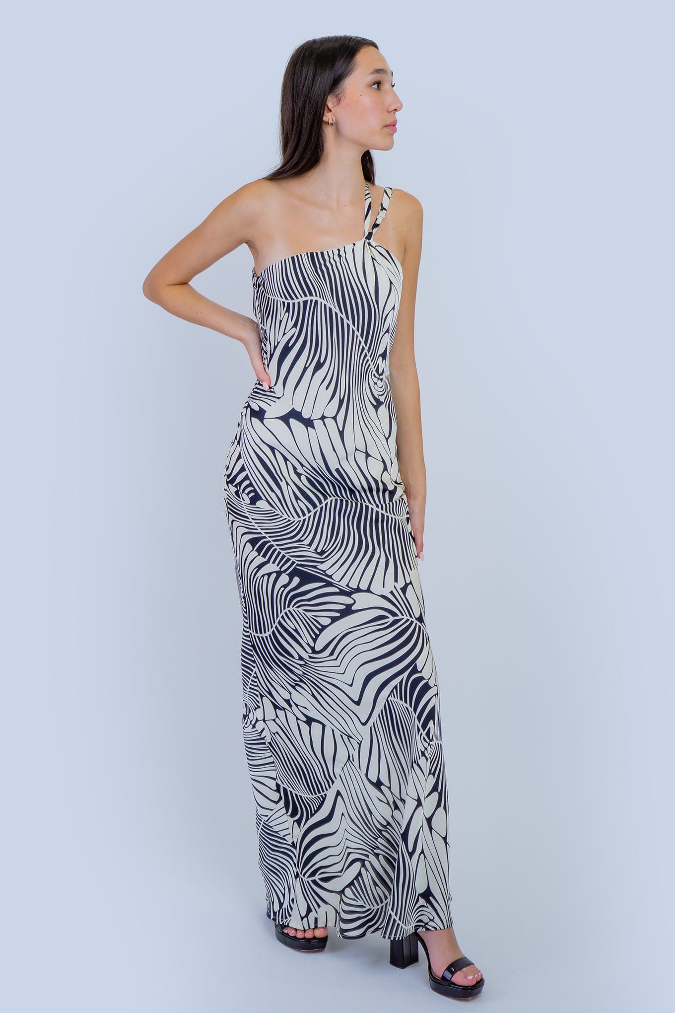 DCD DRESSES Ivory-Black One Shoulder Bias Back Cowl Dress