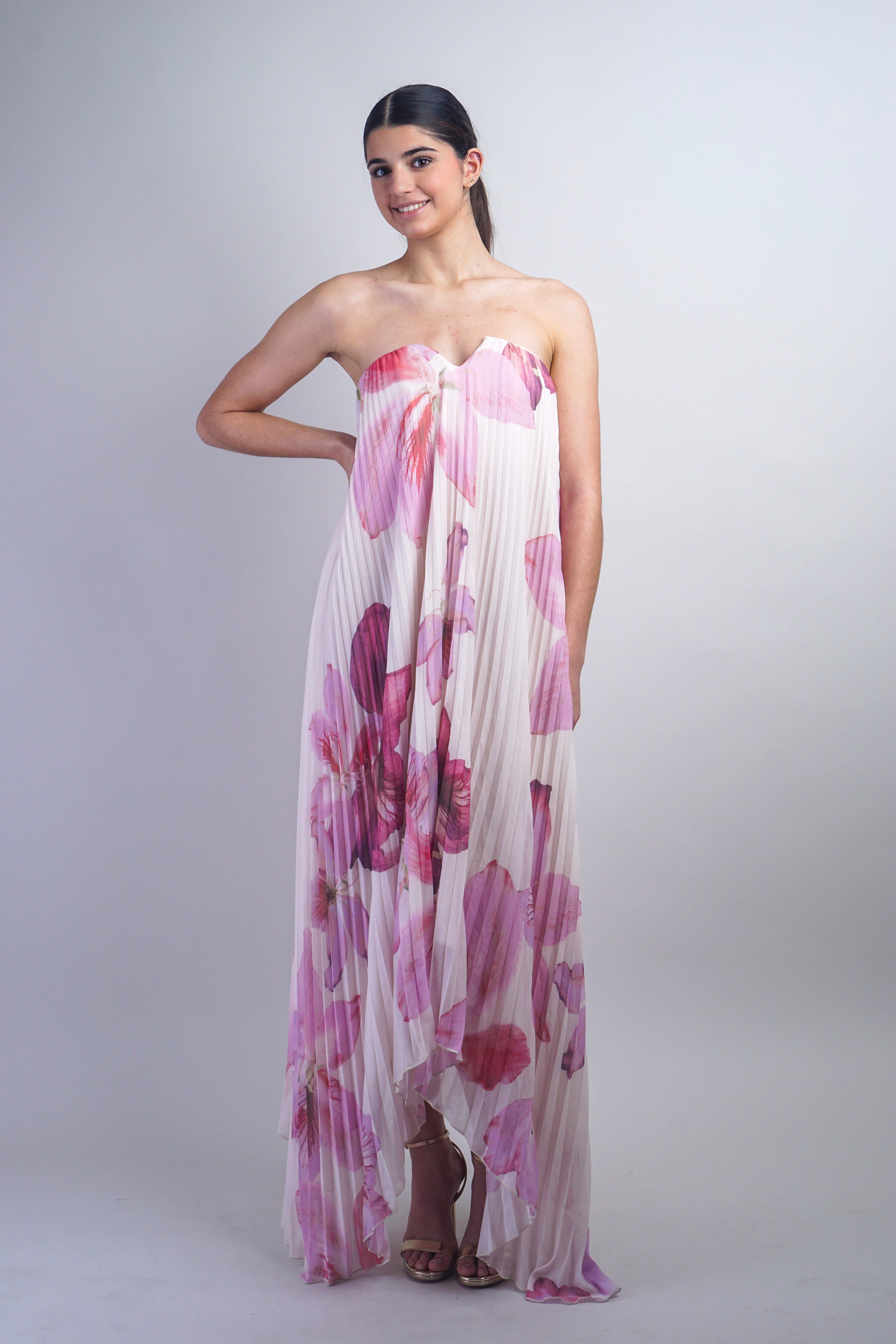 Private Label DRESSES Ivory & Pink Orchid Strapless Pleated Maxi Dress