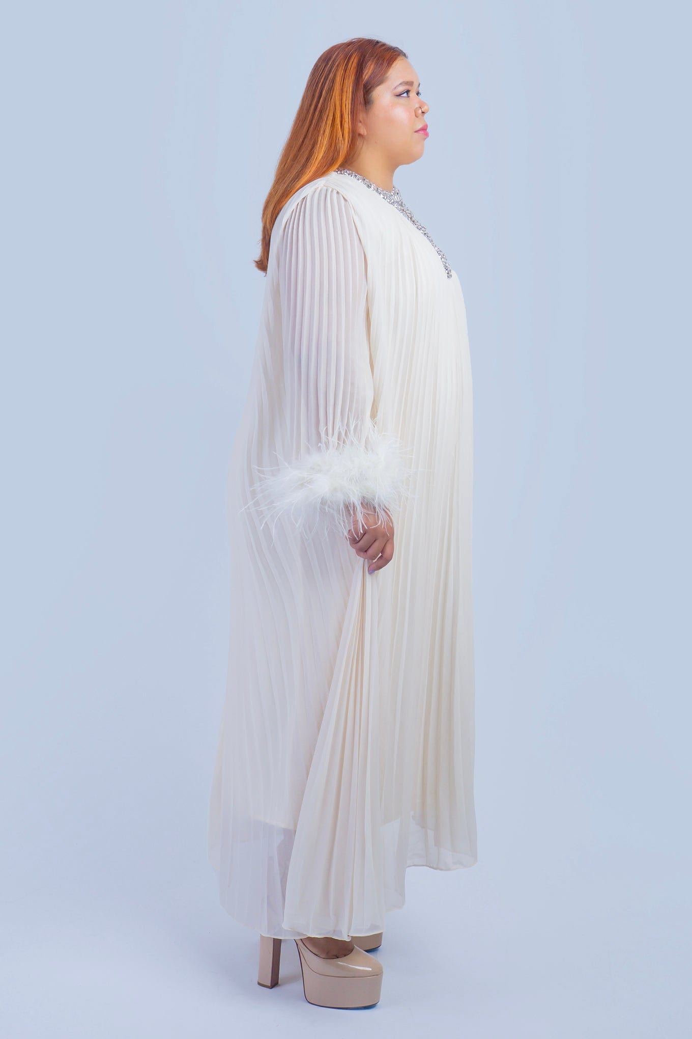 DCD DRESSES Ivory Pleated Rhinestone Caftan Dress
