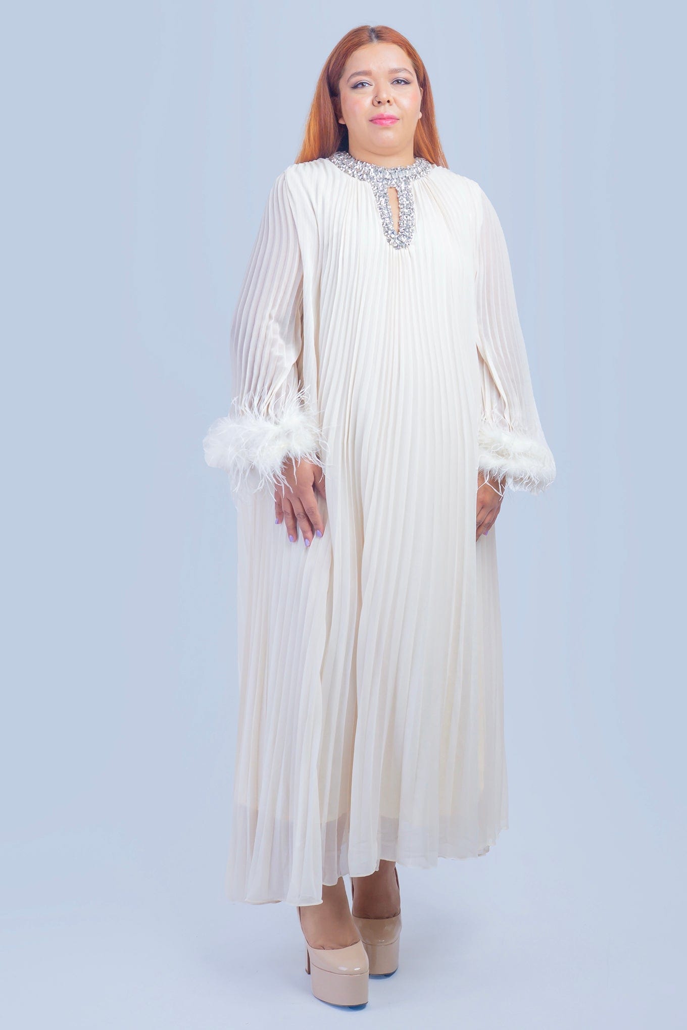 DCD DRESSES Ivory Pleated Rhinestone Caftan Dress