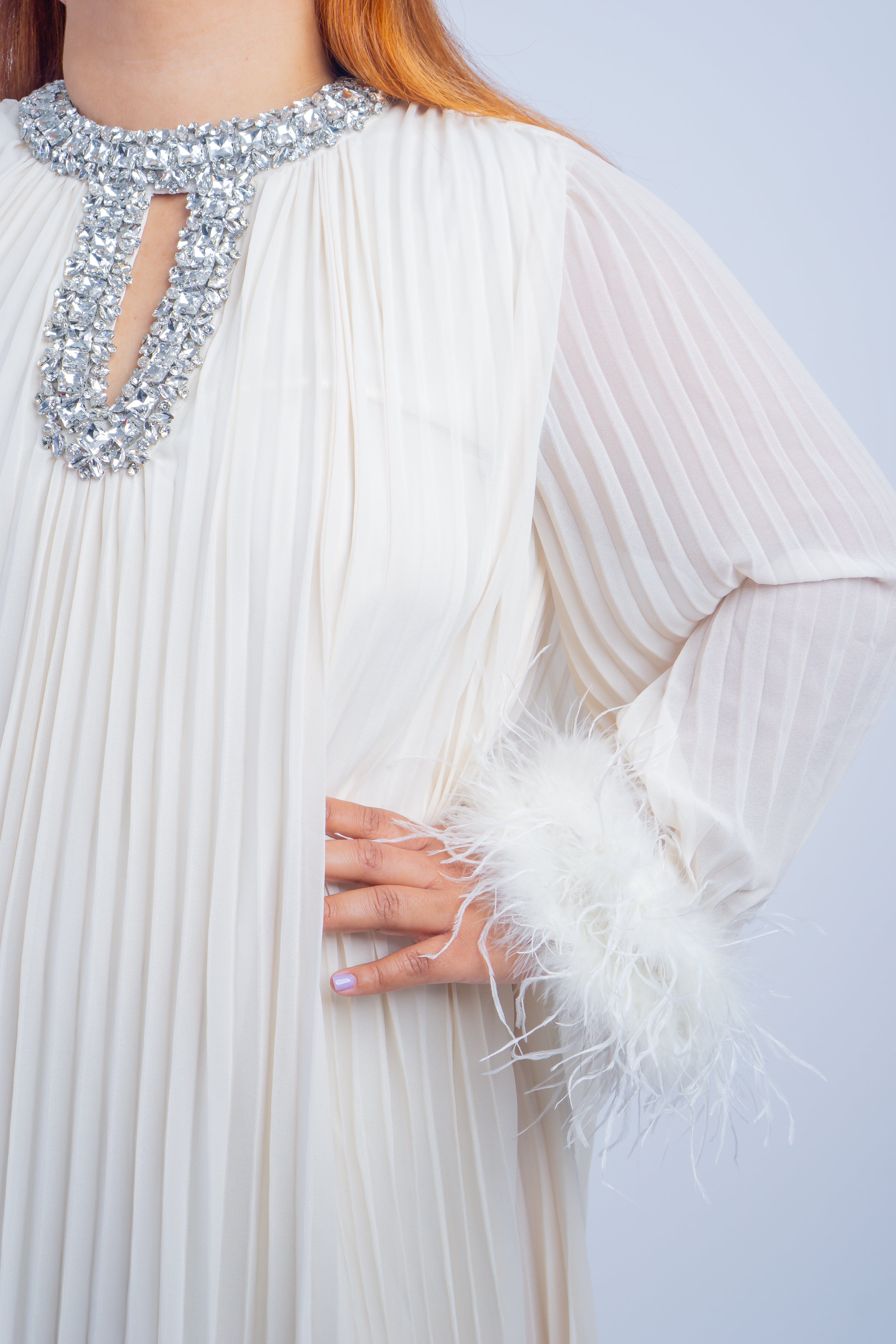 DCD DRESSES Ivory Pleated Rhinestone Caftan Dress