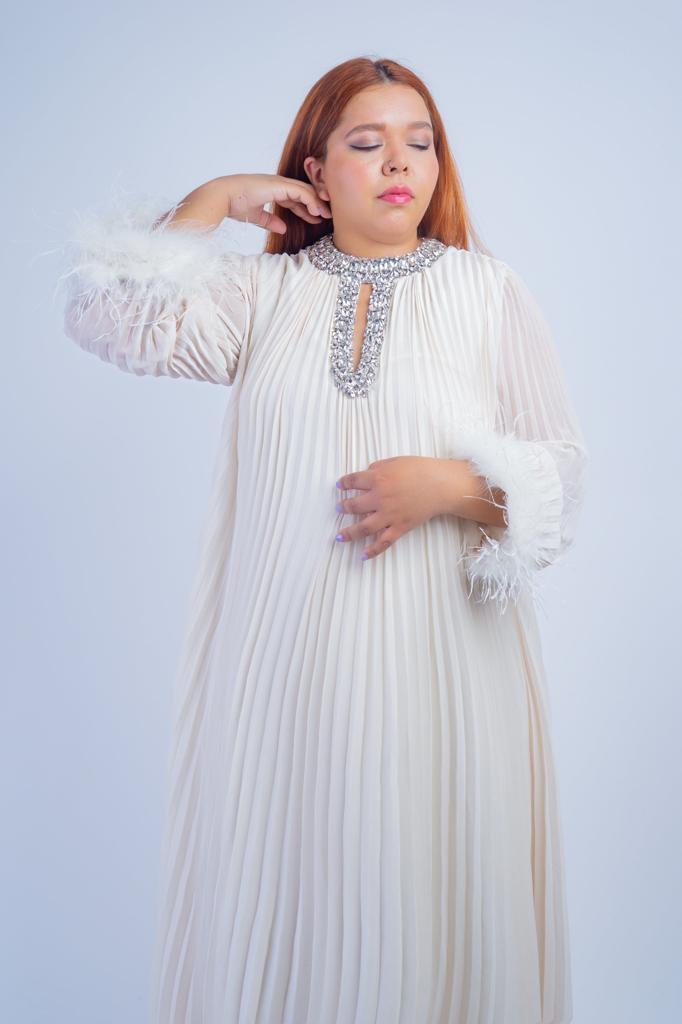 DCD DRESSES Ivory Pleated Rhinestone Caftan Dress