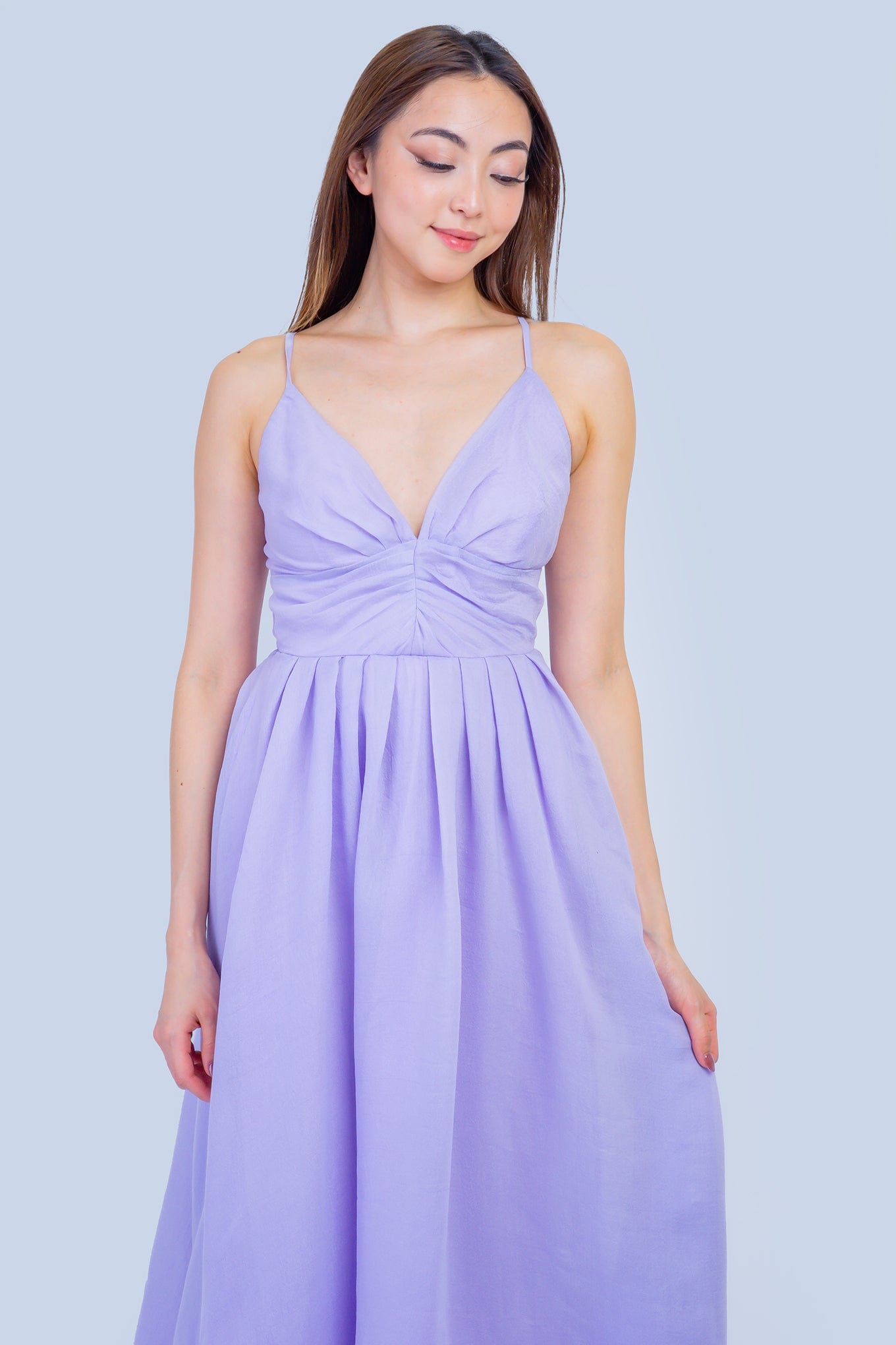 DCD DRESSES Lilac V Neck Linen Midi Dress