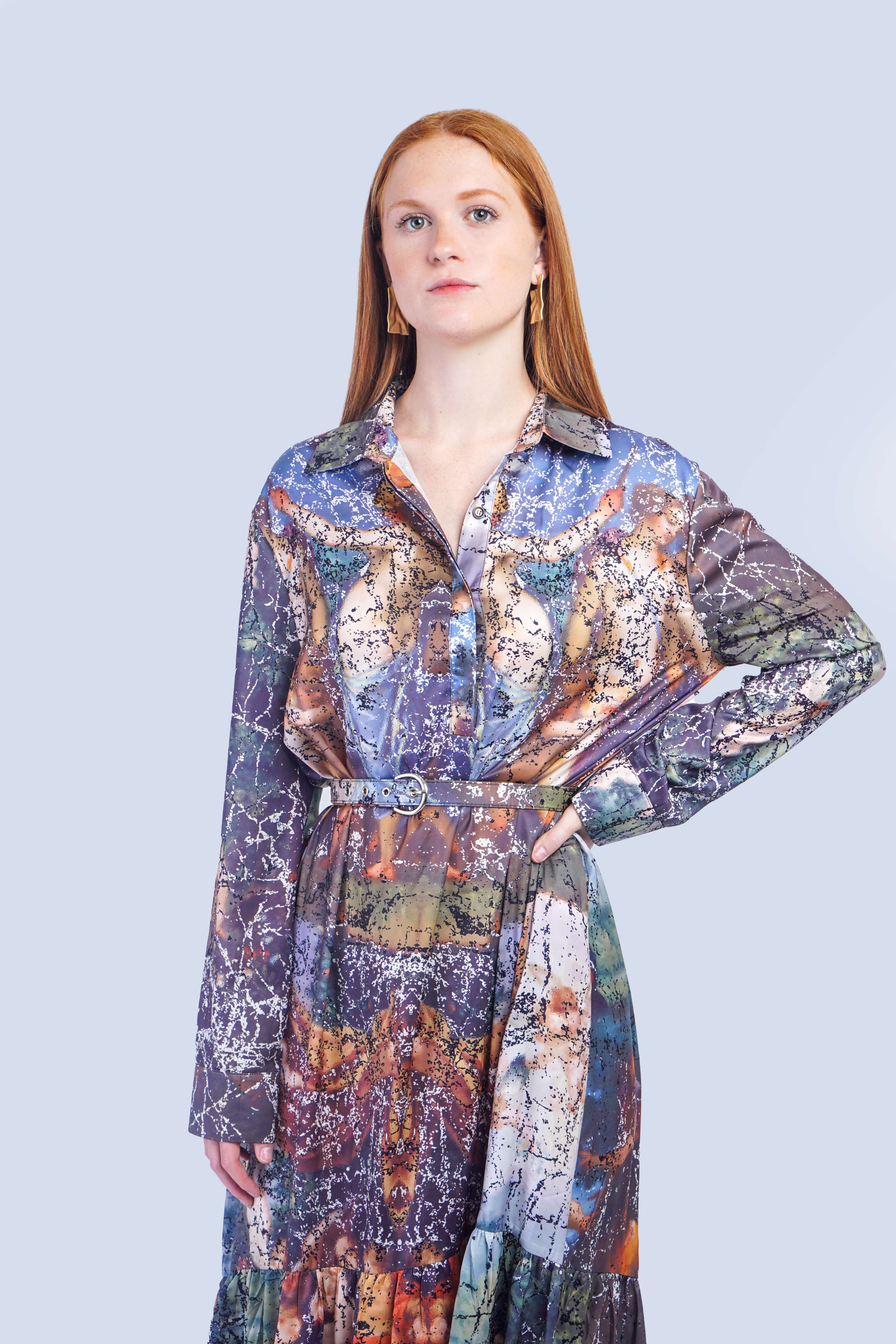 DCD DRESSES Marble Print Belted Shirt Dress