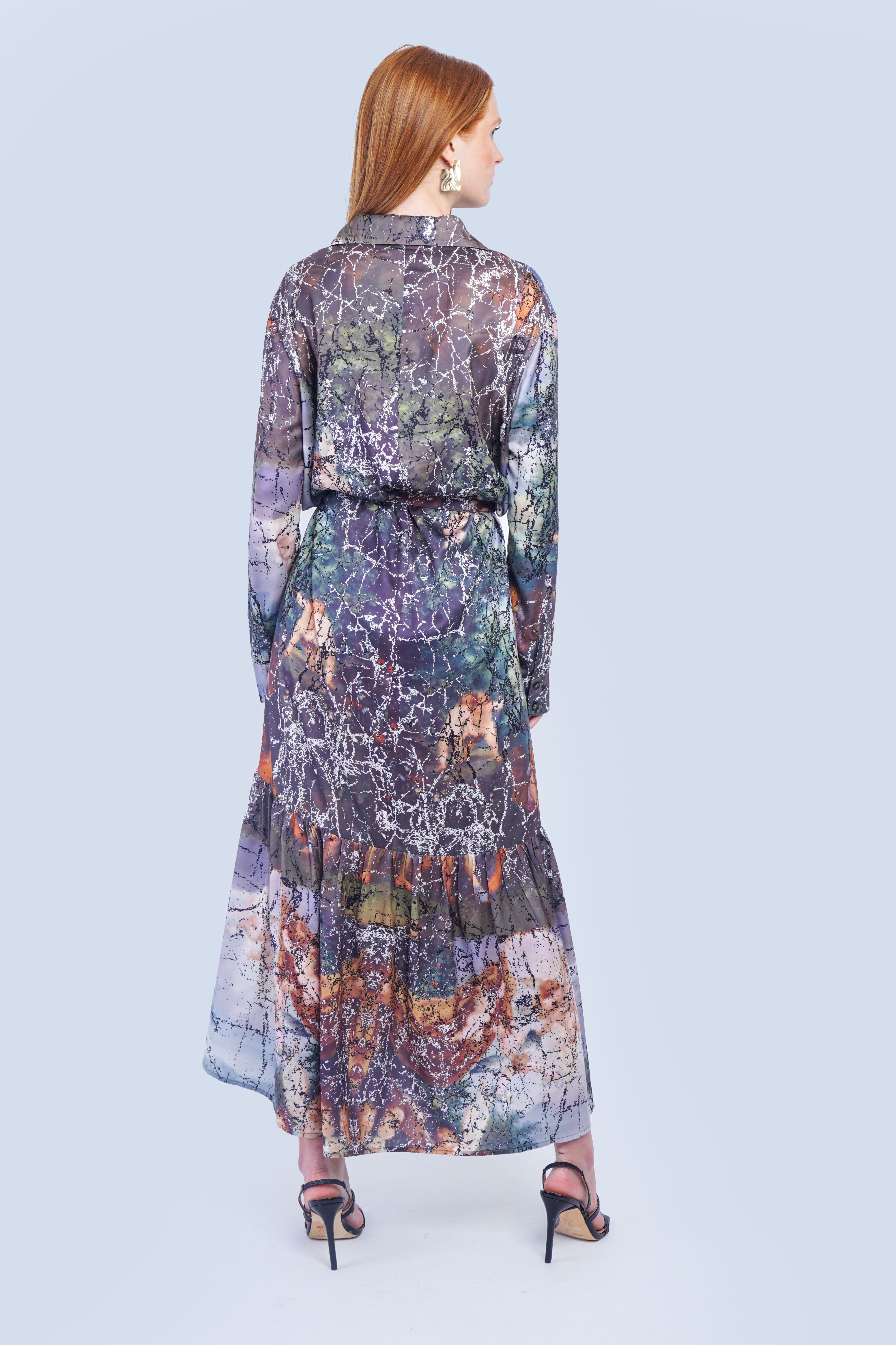 DCD DRESSES Marble Print Belted Shirt Dress