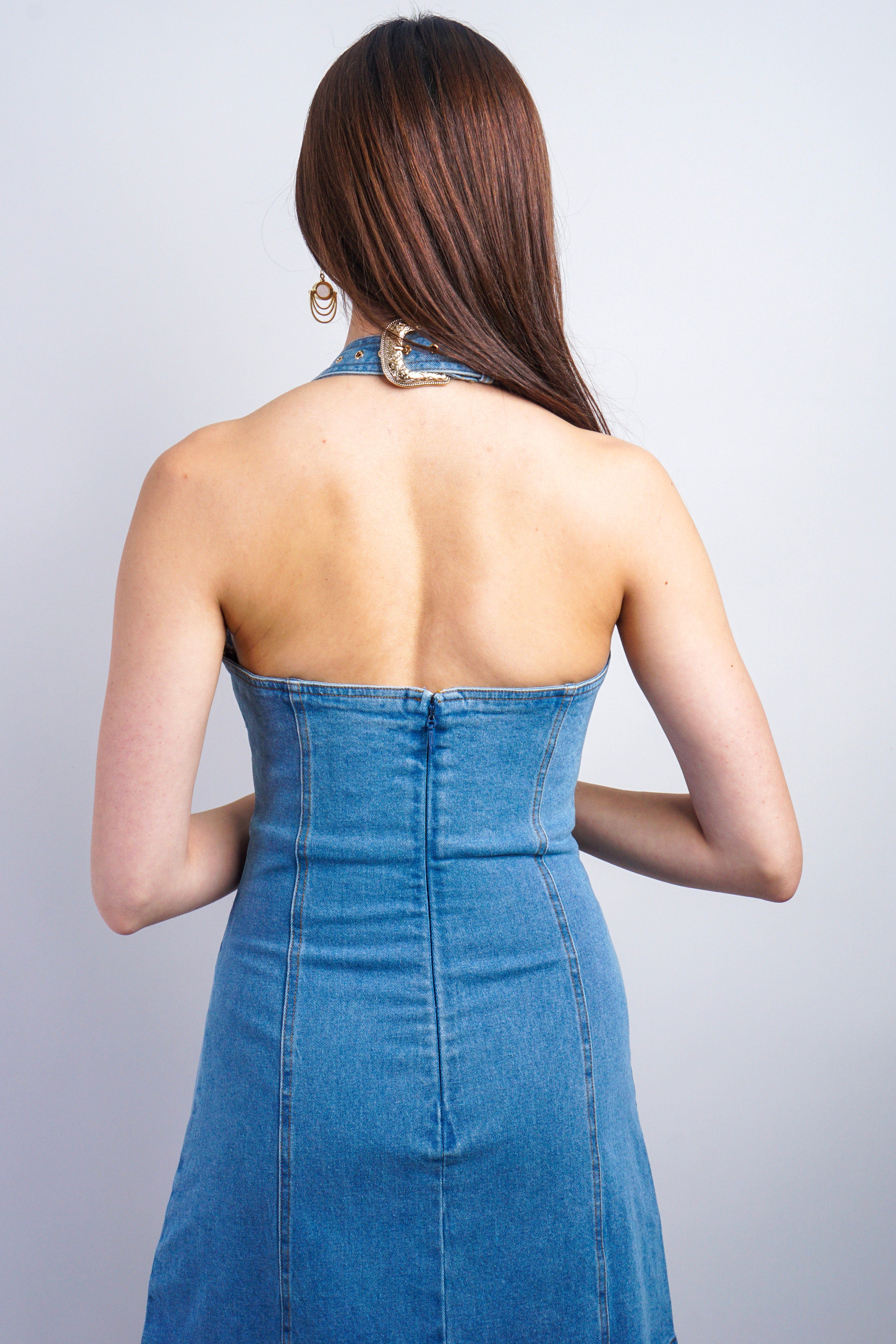 Private Label DRESSES Medium Wash Halter Buckle Cutout Denim Dress