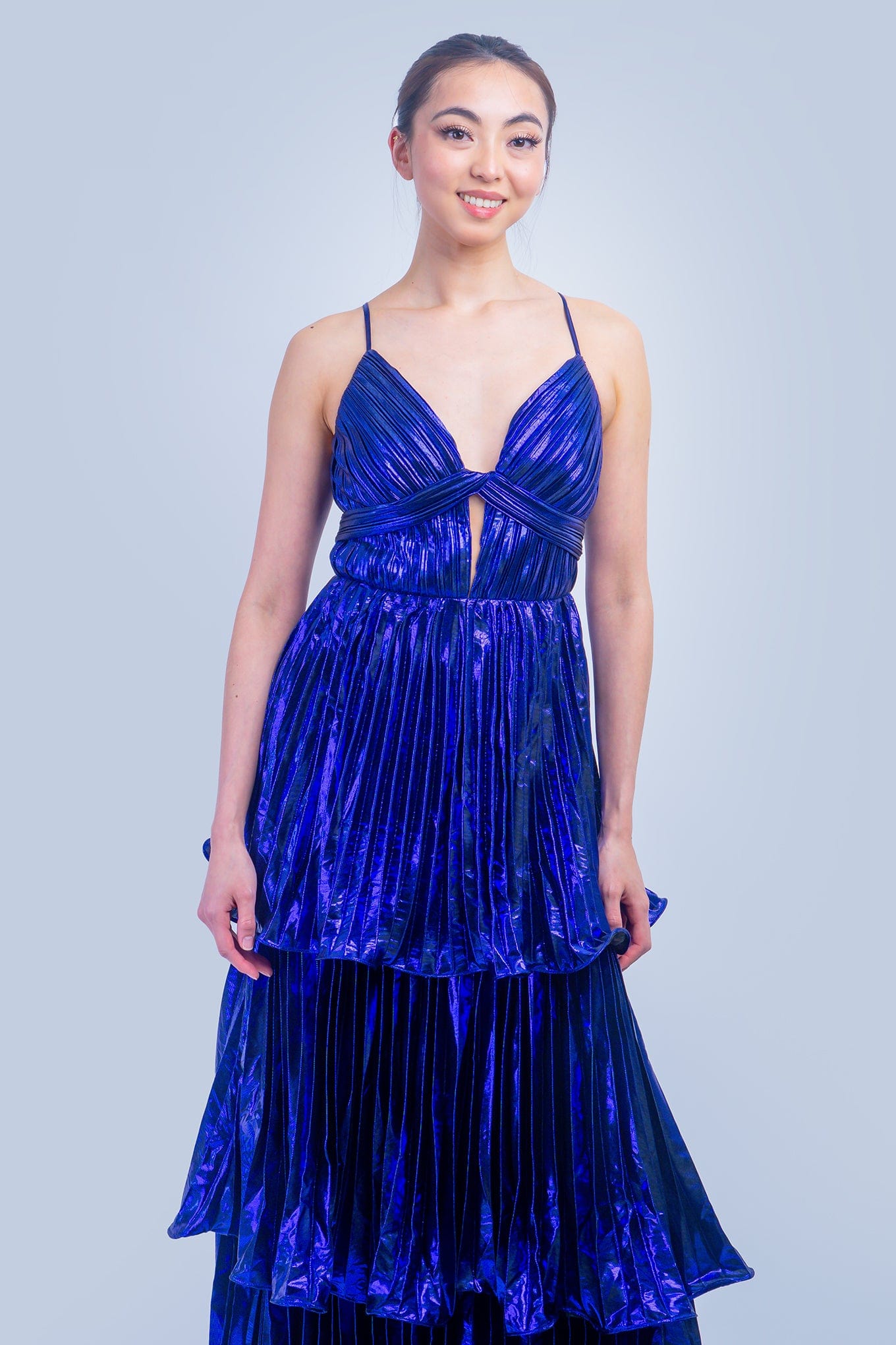 DCD DRESSES Metallic Purple Ruffle Tier Gown