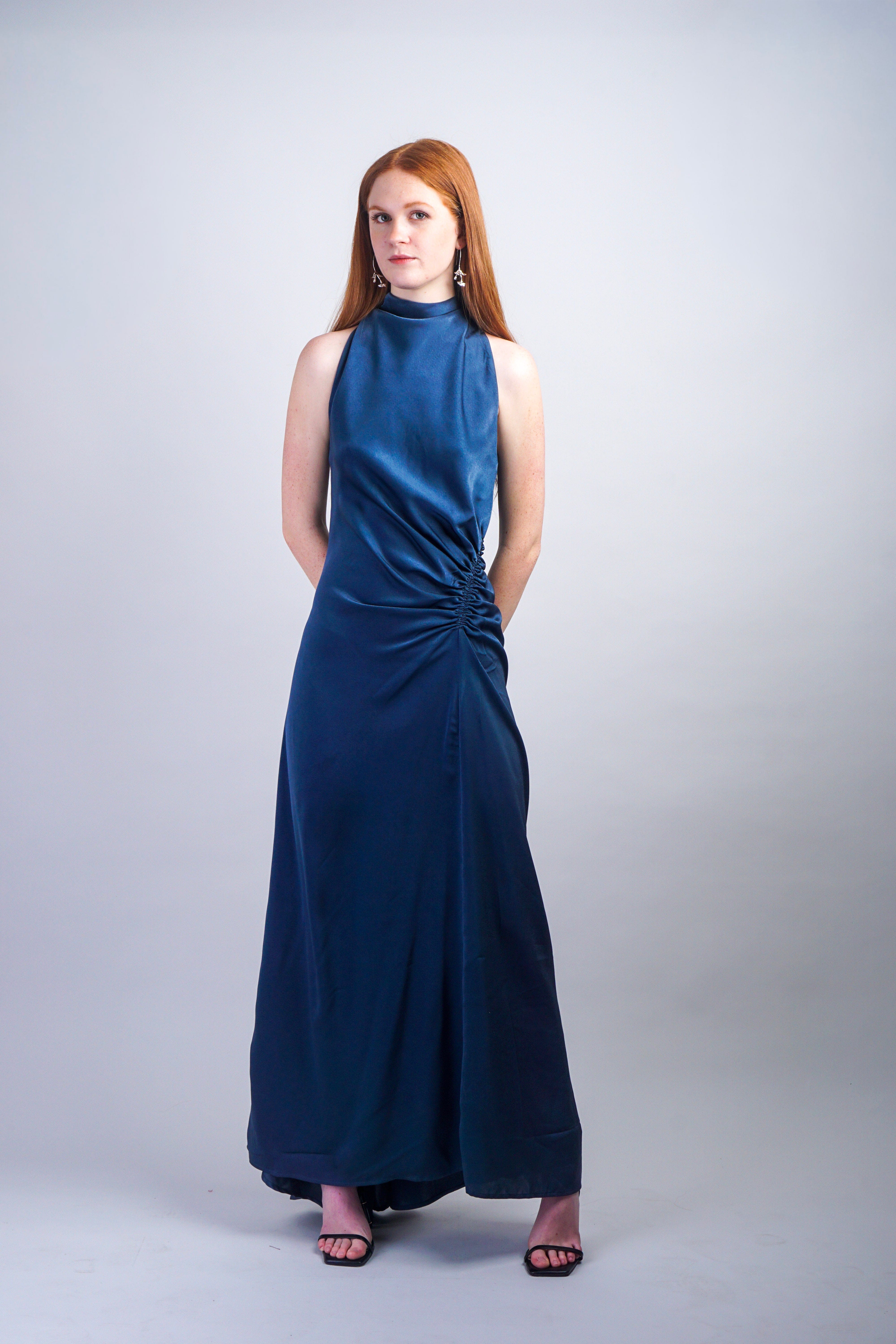 Private Label DRESSES Midnight Blue Satin Mock Neck Shirring Dress